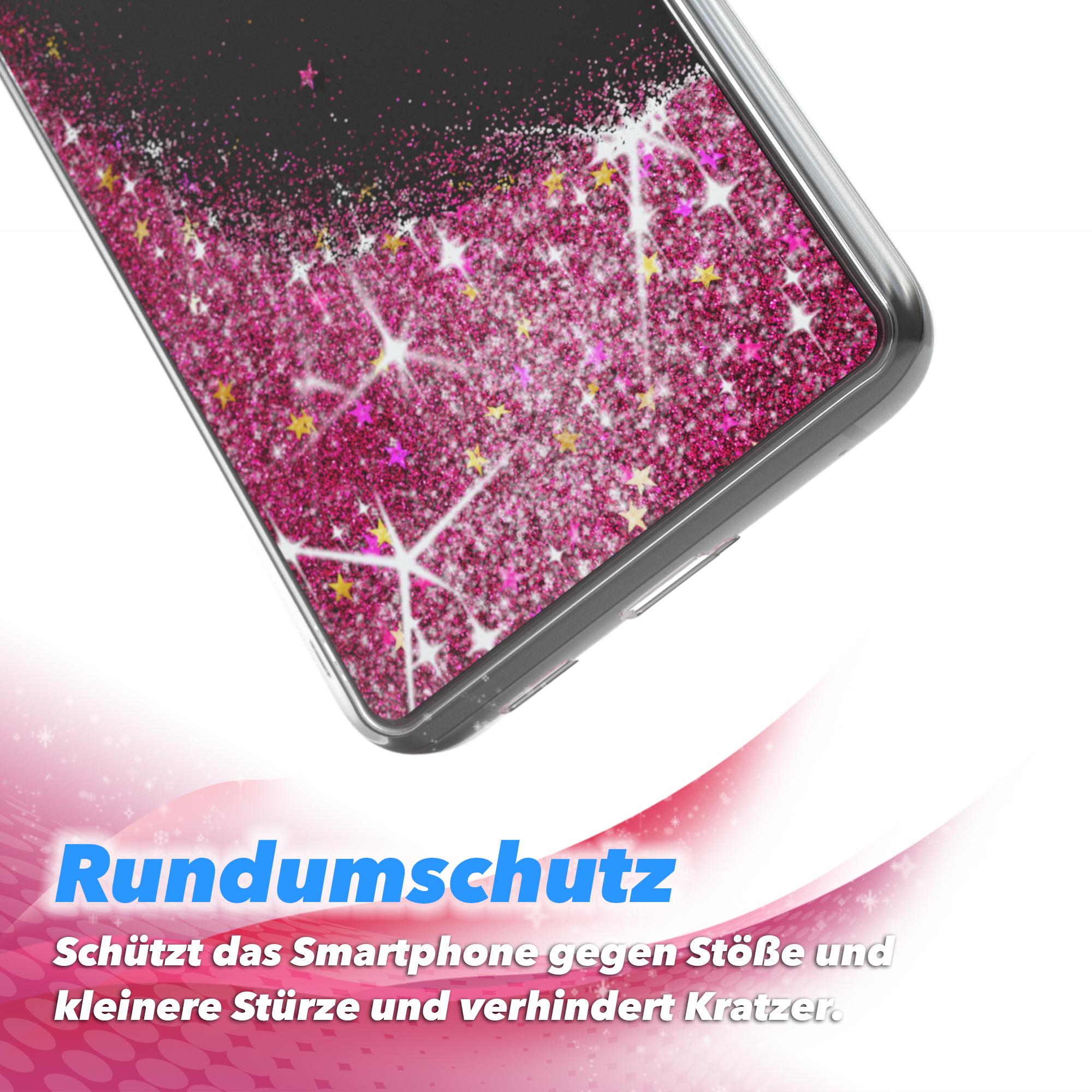 Nahaufnahme der Handyhülle mit rosa Glitzer. Text: Rundumschutz, schützt vor Stößen und Kratzern.