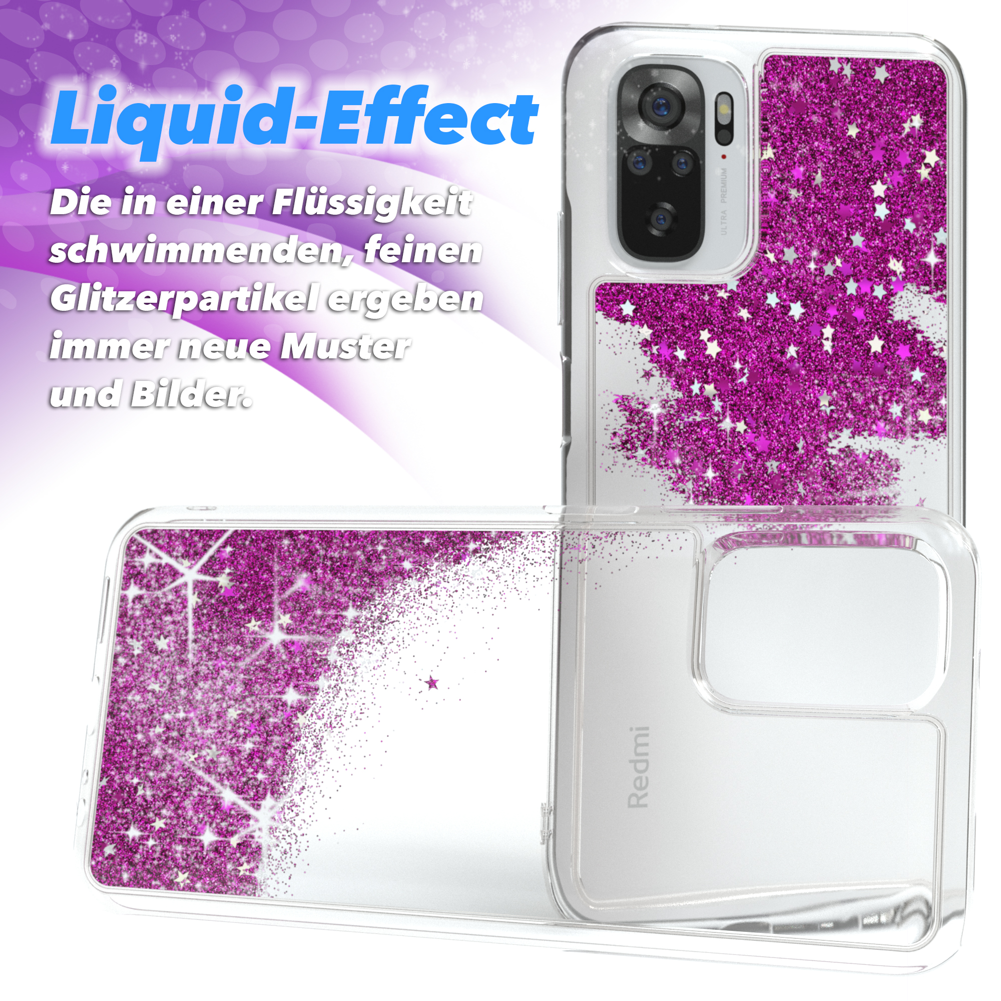 Transparente Handyhülle mit pinkfarbenem Glitzer. Die Hülle ist transparent mit Glitzer. Die Hülle liegt auf einer weißen Fläche.