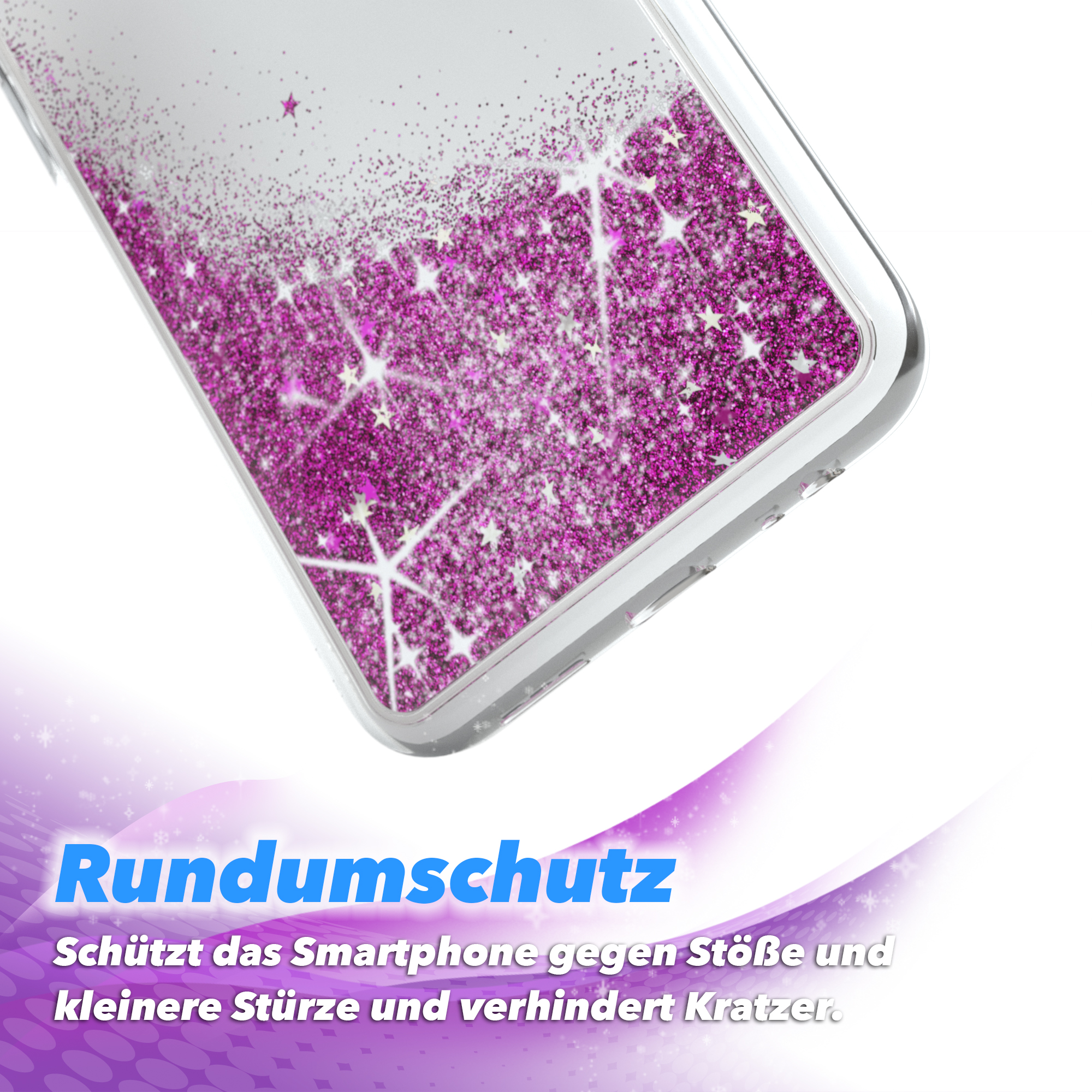 Nahaufnahme einer Handyhülle mit pinkfarbenem Glitzer und Sternen auf weißem Hintergrund.