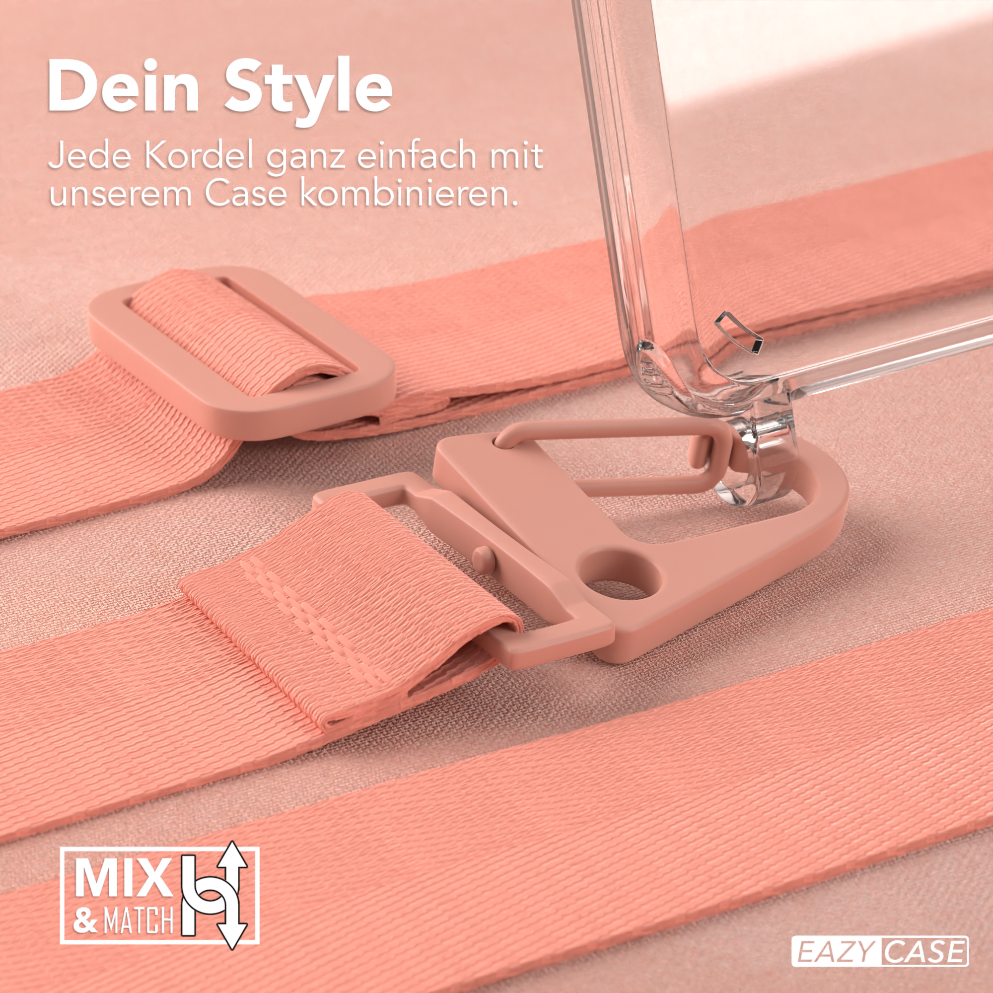 Handyhülle mit pinken Trägern und Verschluss, auf pinker Oberfläche, mit Markenlogo.