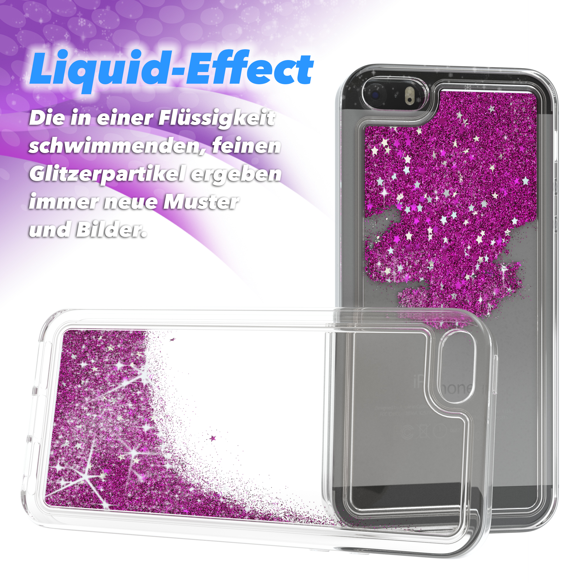 Handyhülle mit pinkem Glitzerdesign. Text: 'Liquid-Effect'.