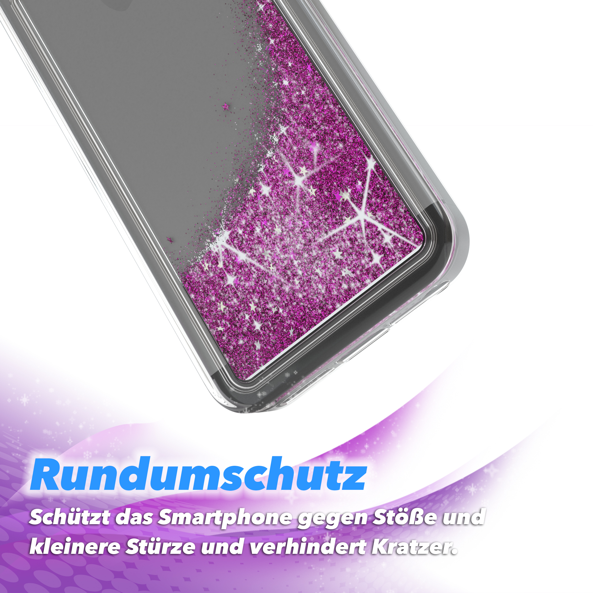 Nahaufnahme der Handyhülle mit pinkfarbenem Glitzer. Text: Rundumschutz. Schützt vor Stößen und Kratzern.