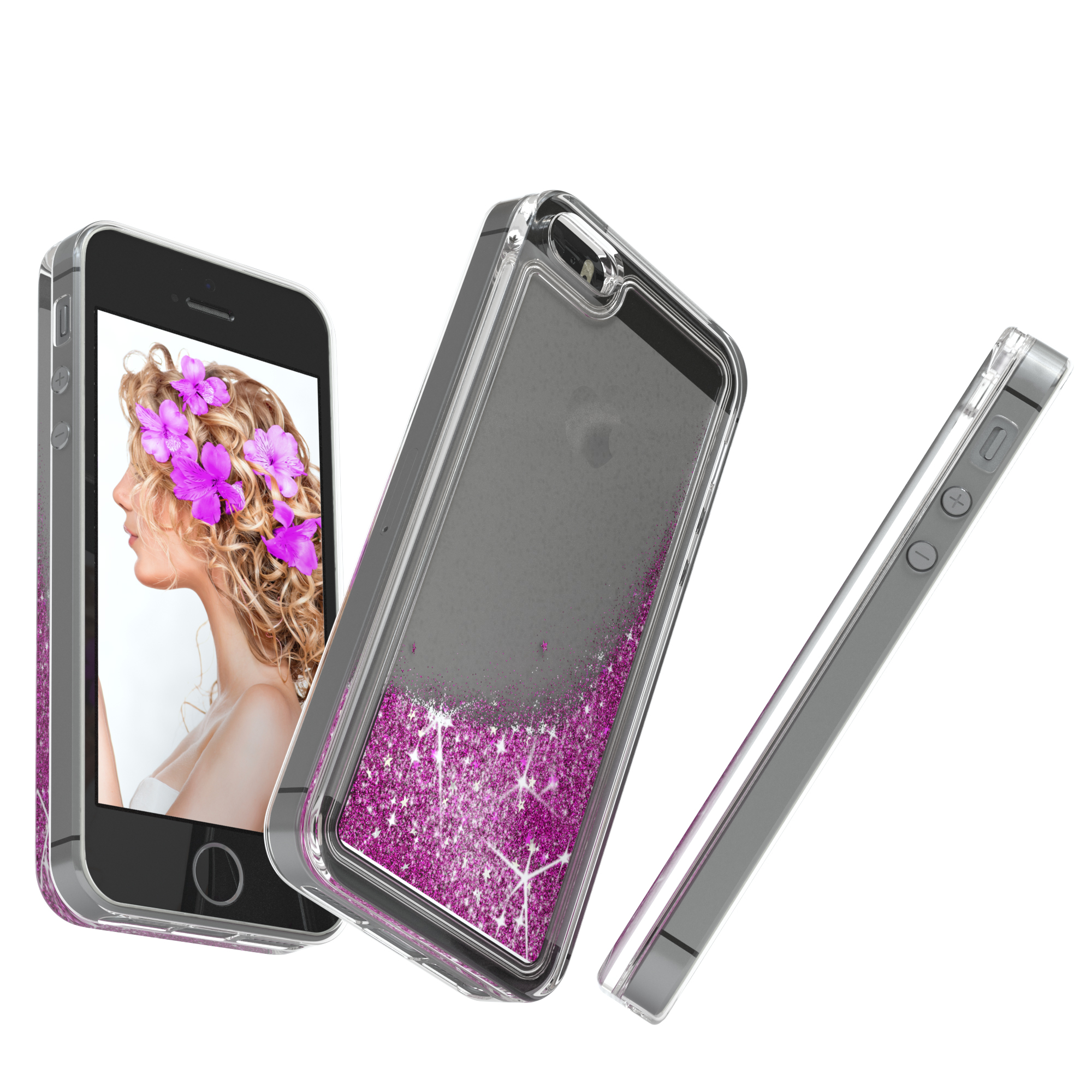 Drei Telefone mit Hüllen. Eins mit Frauenbild und Blumen, eins mit Glitzer, alles auf weißem Hintergrund.