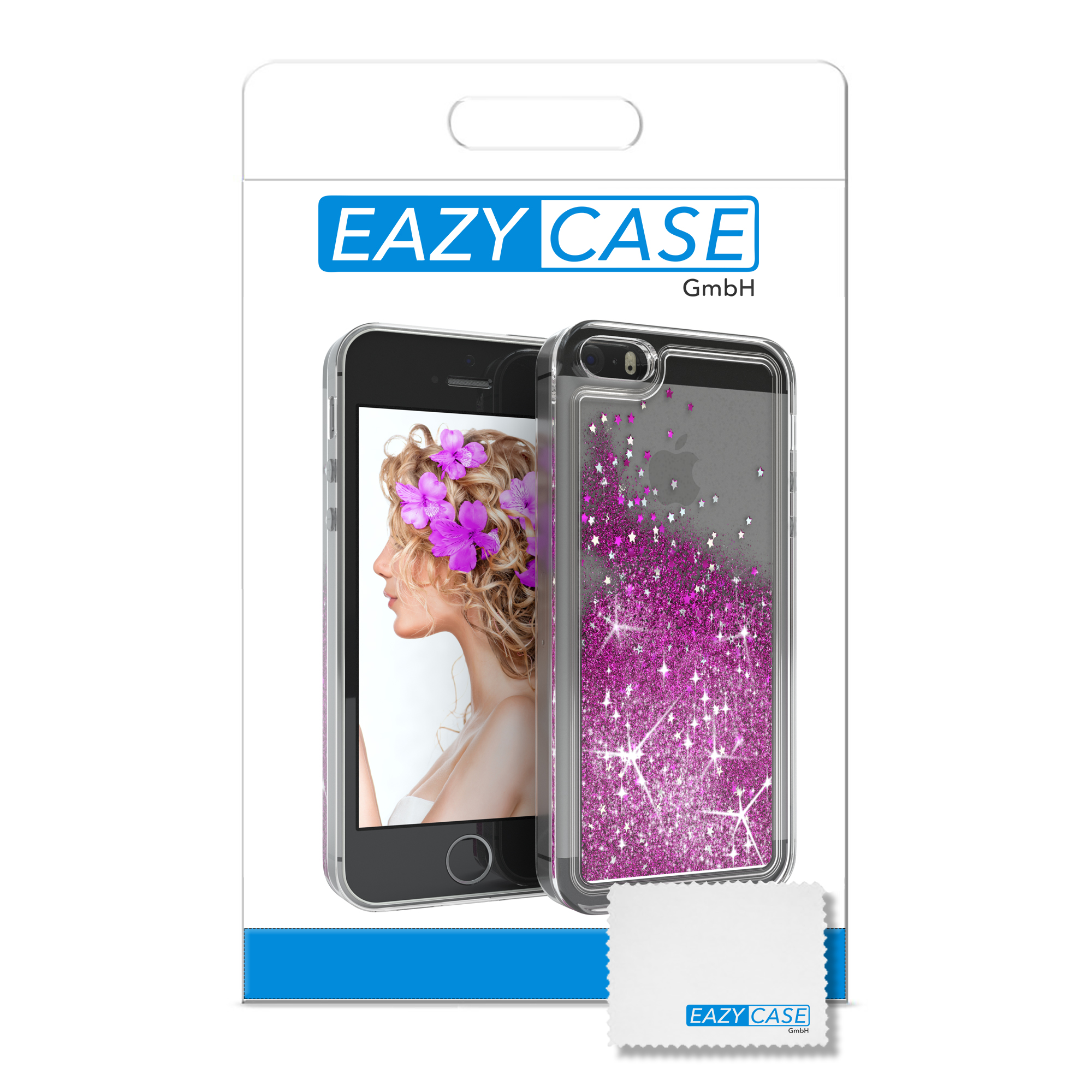 Handyhüllen-Verpackung, die das Seitenprofil einer Frau zeigt. Die Hülle zeigt Telefon und Blumendesign.