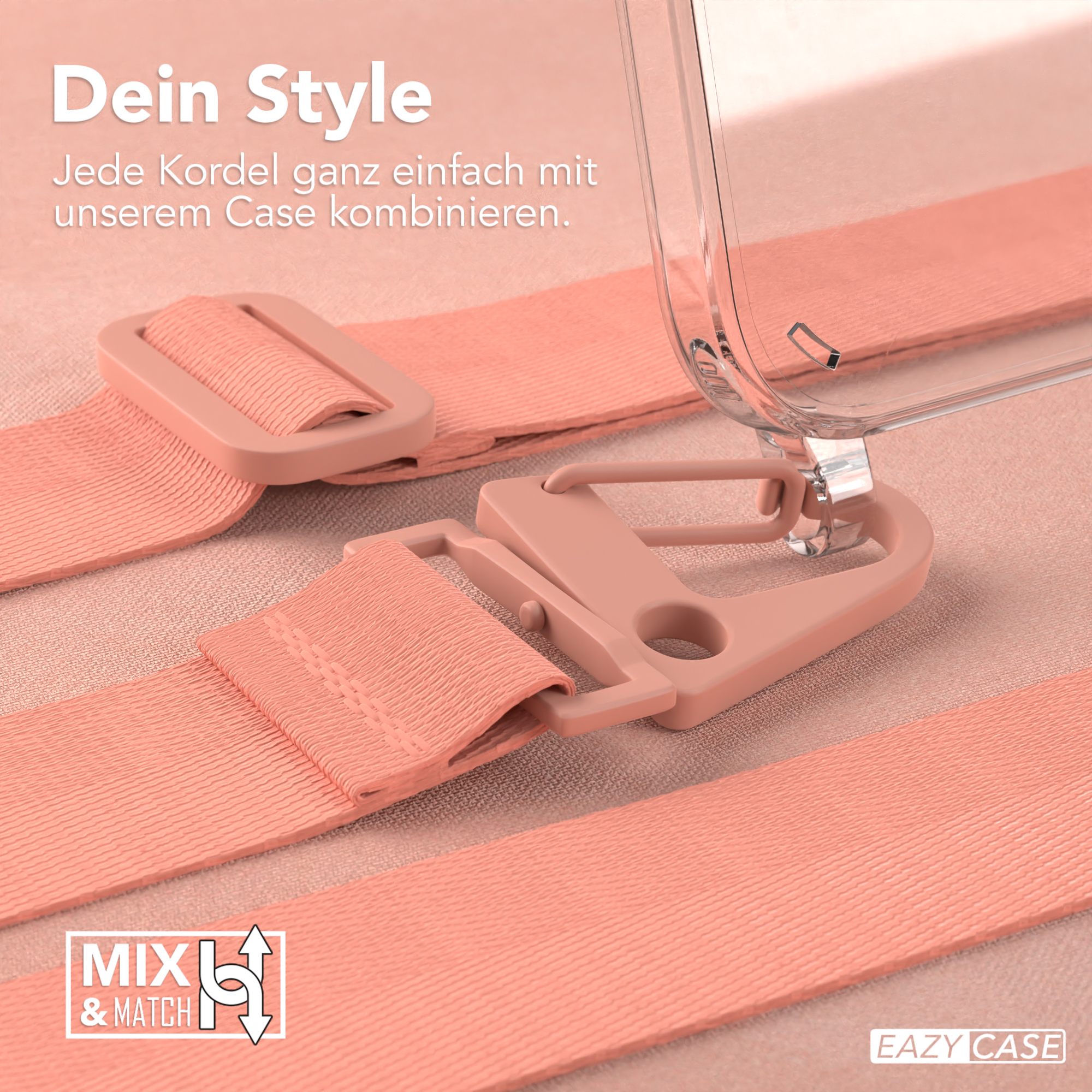 Nahaufnahme einer Handyhülle mit Trägern, zeigt Mix-&-Match-Option für den Stil.