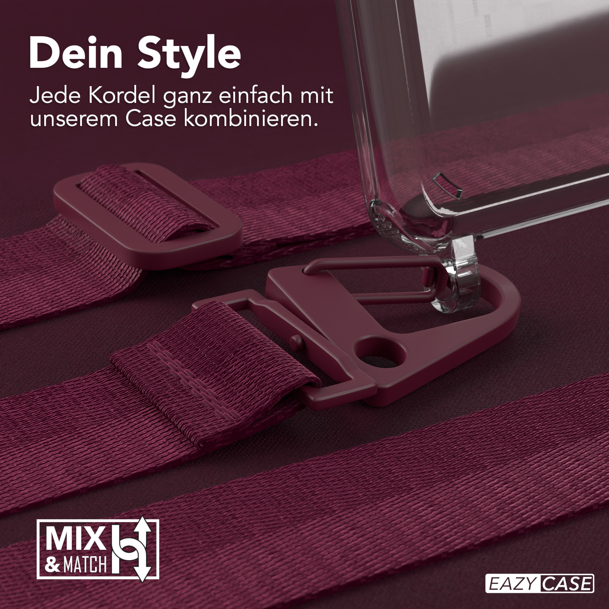 Handyhülle mit Riemen und Schnallen. Text Dein Style und MXL & MATCH. Burgunderrote Riemen und Hülle.