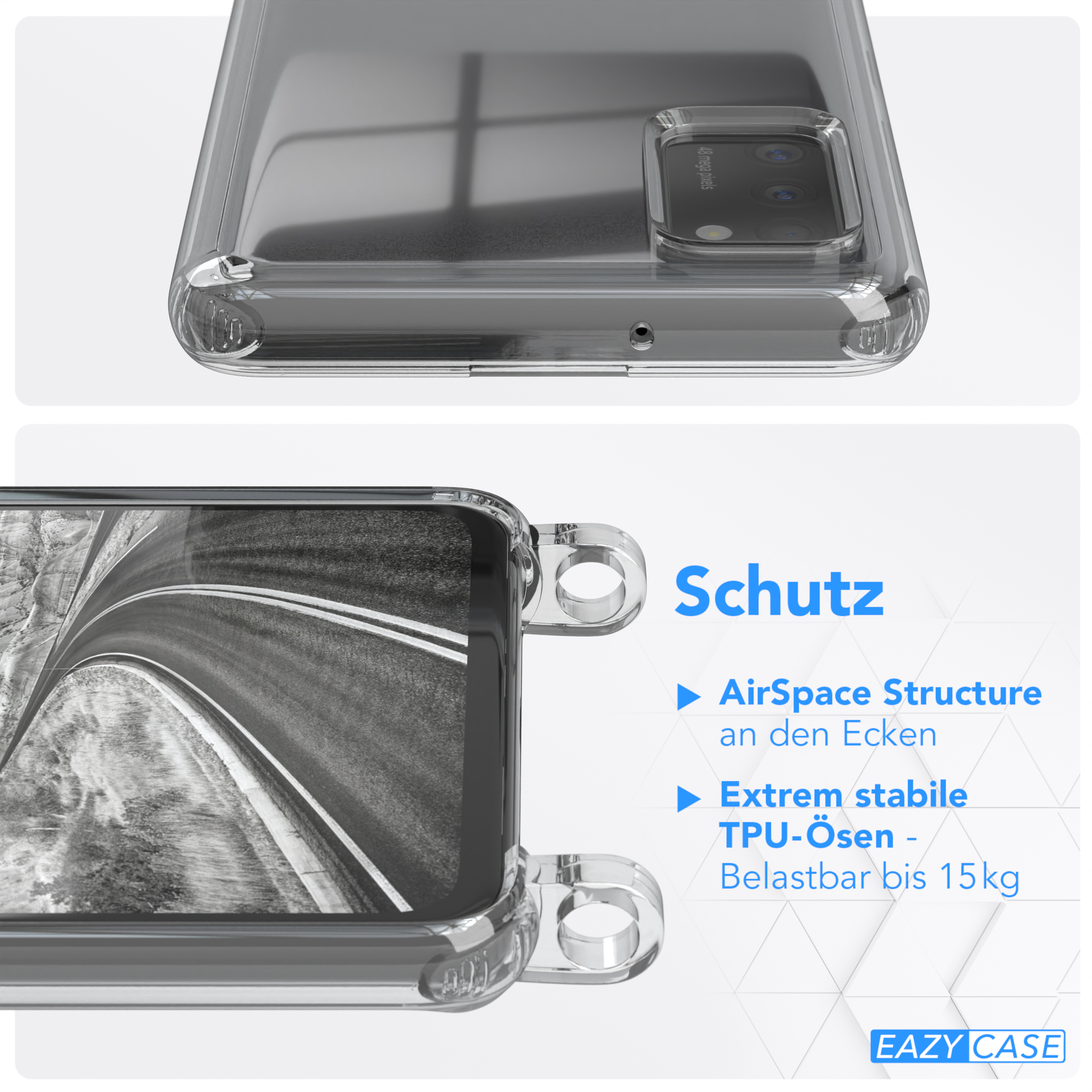 EAZY CASE Transparente Handyhülle mit breiter Karabiner, + Umhängetasche, Samsung, Kordel / Schwarz A41, Galaxy Silber