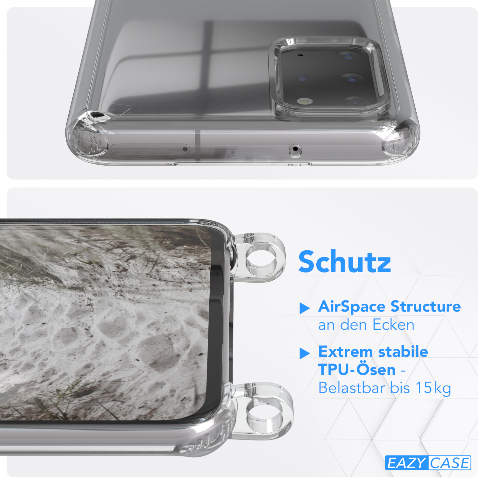 EAZY CASE Transparente Handyhülle mit Kordel 5G, Plus Plus / / Samsung, S20 Grau Karabiner, Taupe Galaxy S20 + Beige breiter Umhängetasche