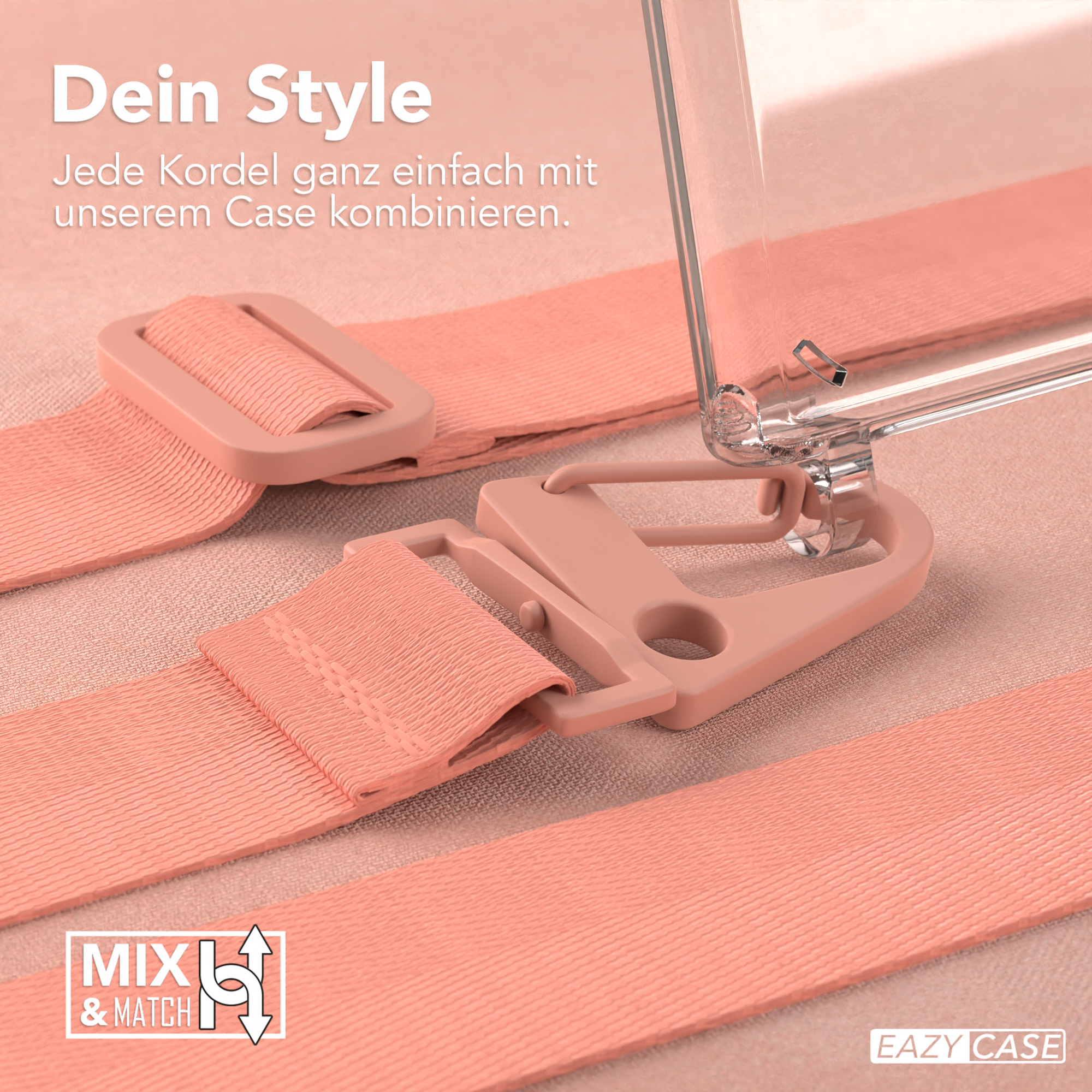 Rosa Handykette und Hülle. Text: Kombinieren Sie unsere Hülle mit jedem Band.