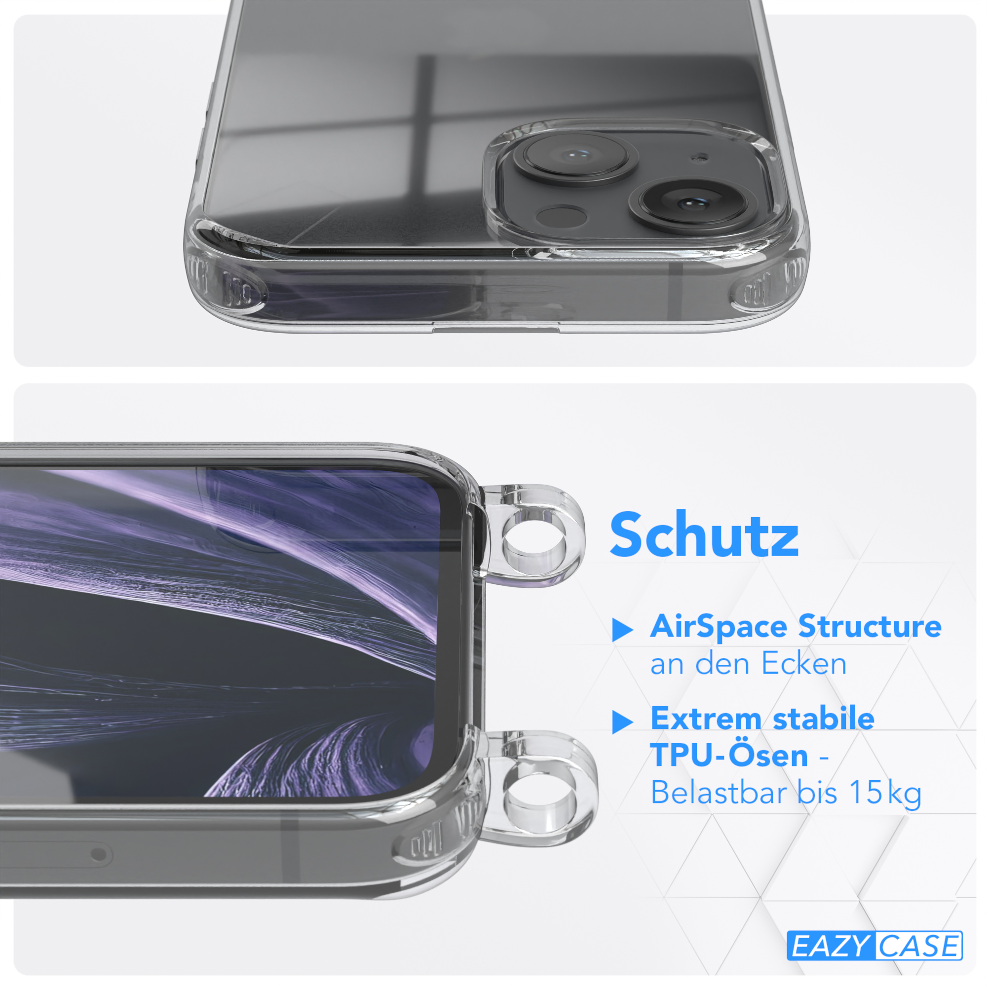 Eine transparente Handyhülle mit detaillierter Nahaufnahme. Text zeigt Schutzfunktionen des Telefons.