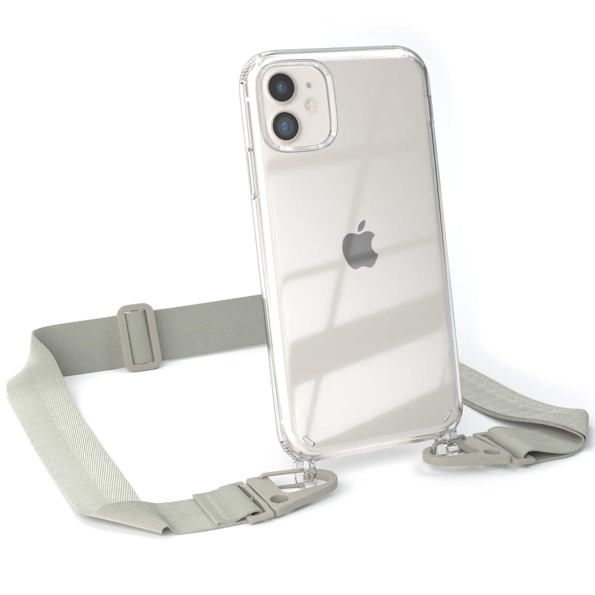 Transparente Handyhülle mit grauem Riemen am Telefon befestigt. Das Telefon hat ein Apple-Logo.