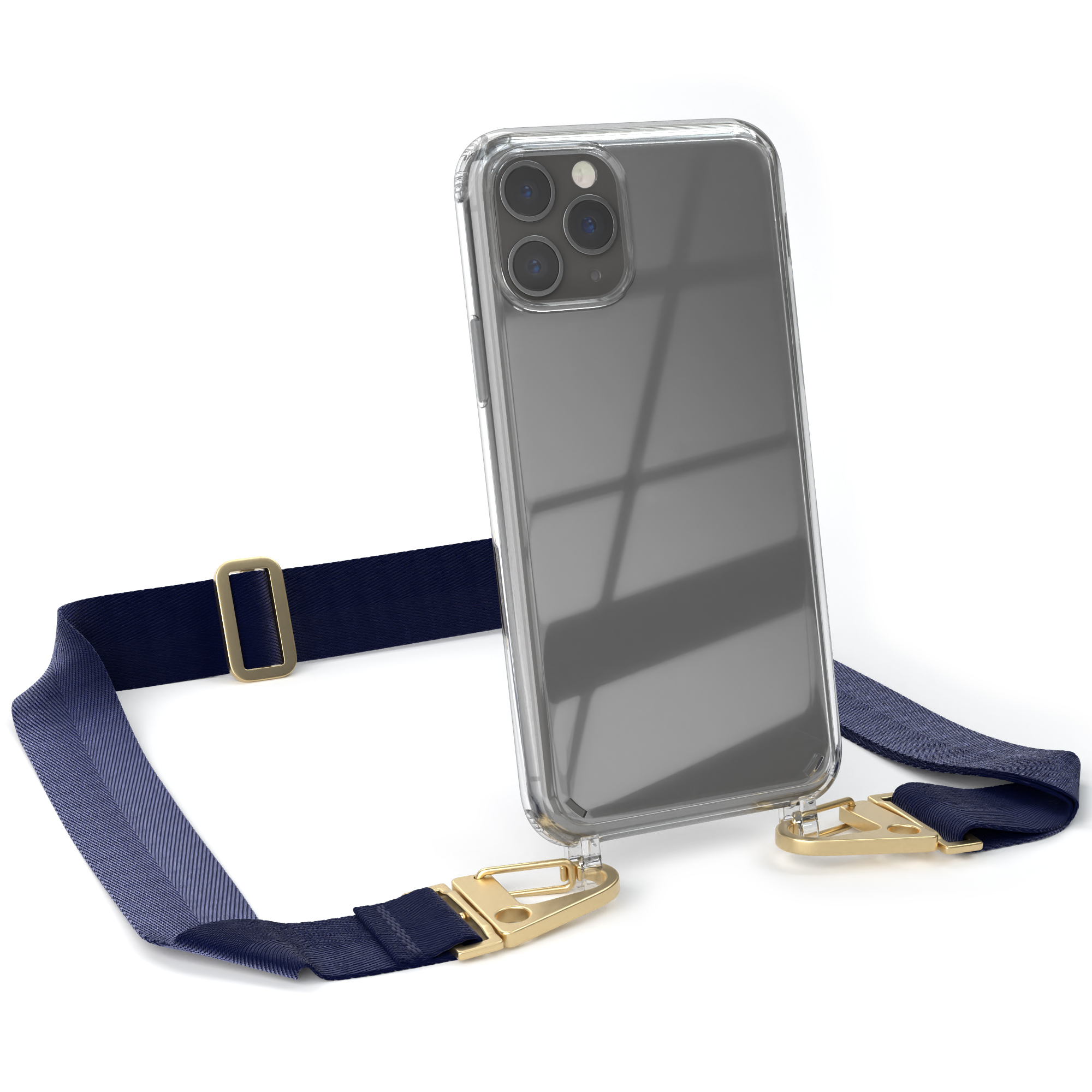 Transparente Handyhülle mit marineblauem Riemen. Das Telefon ist transparent und hat ein Kamerasystem.