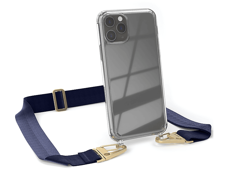 EAZY CASE Transparente Handyhülle mit breiter Kordel + Karabiner, Umhängetasche, Apple, iPhone 11 Pro, Dunkel Blau / Gold