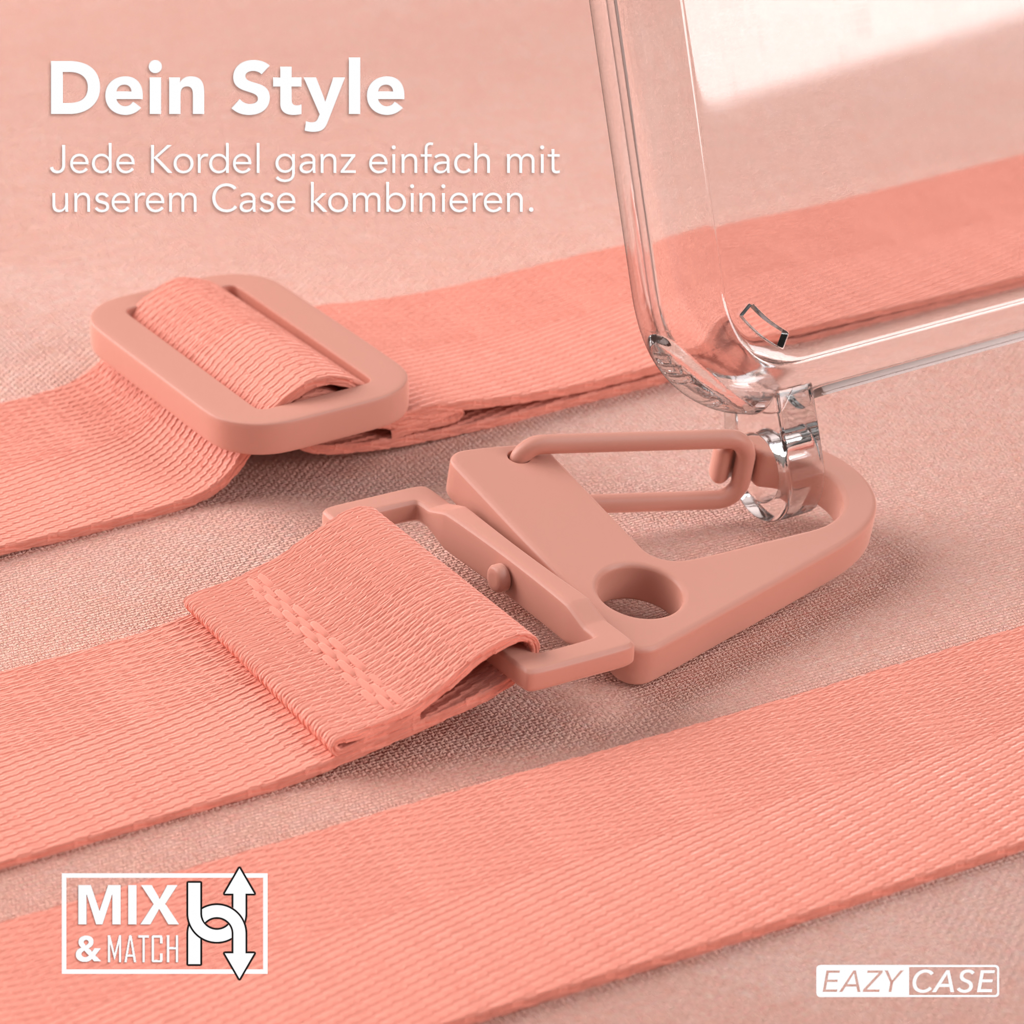 Telefonschlaufen und transparente Hülle mit Haken. Text: Dein Style.