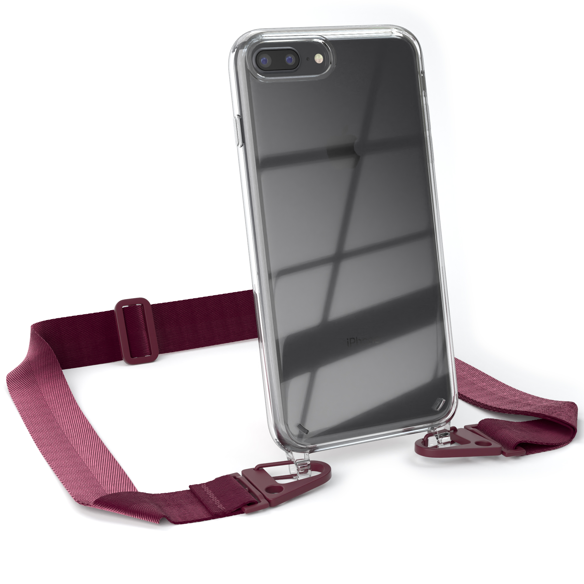 Transparente Handyhülle mit weinrotem Riemen. Ein iPhone ist sichtbar.