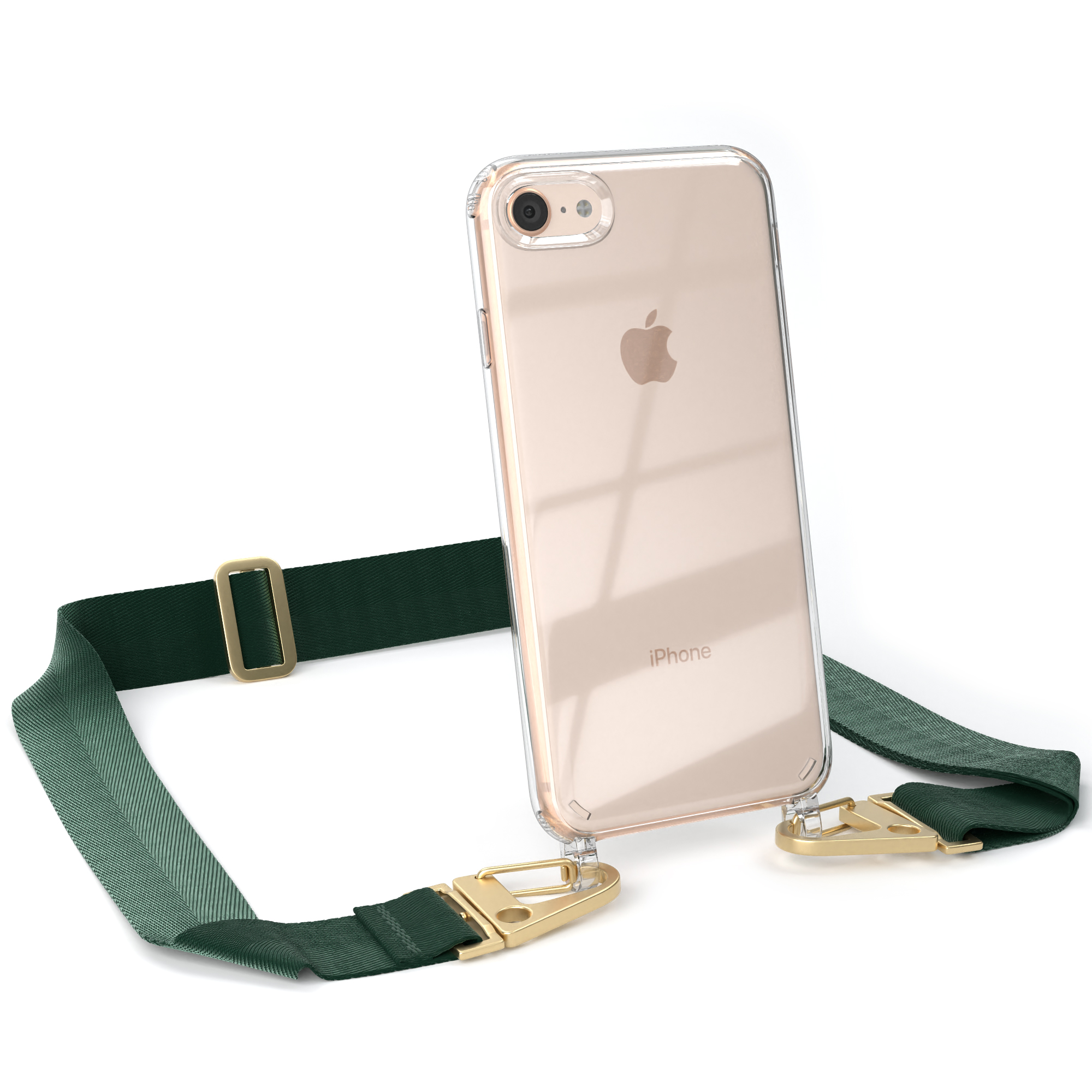 Transparente Handyhülle mit grünem Riemen und goldenen Verschlüssen. iPhone im Inneren.