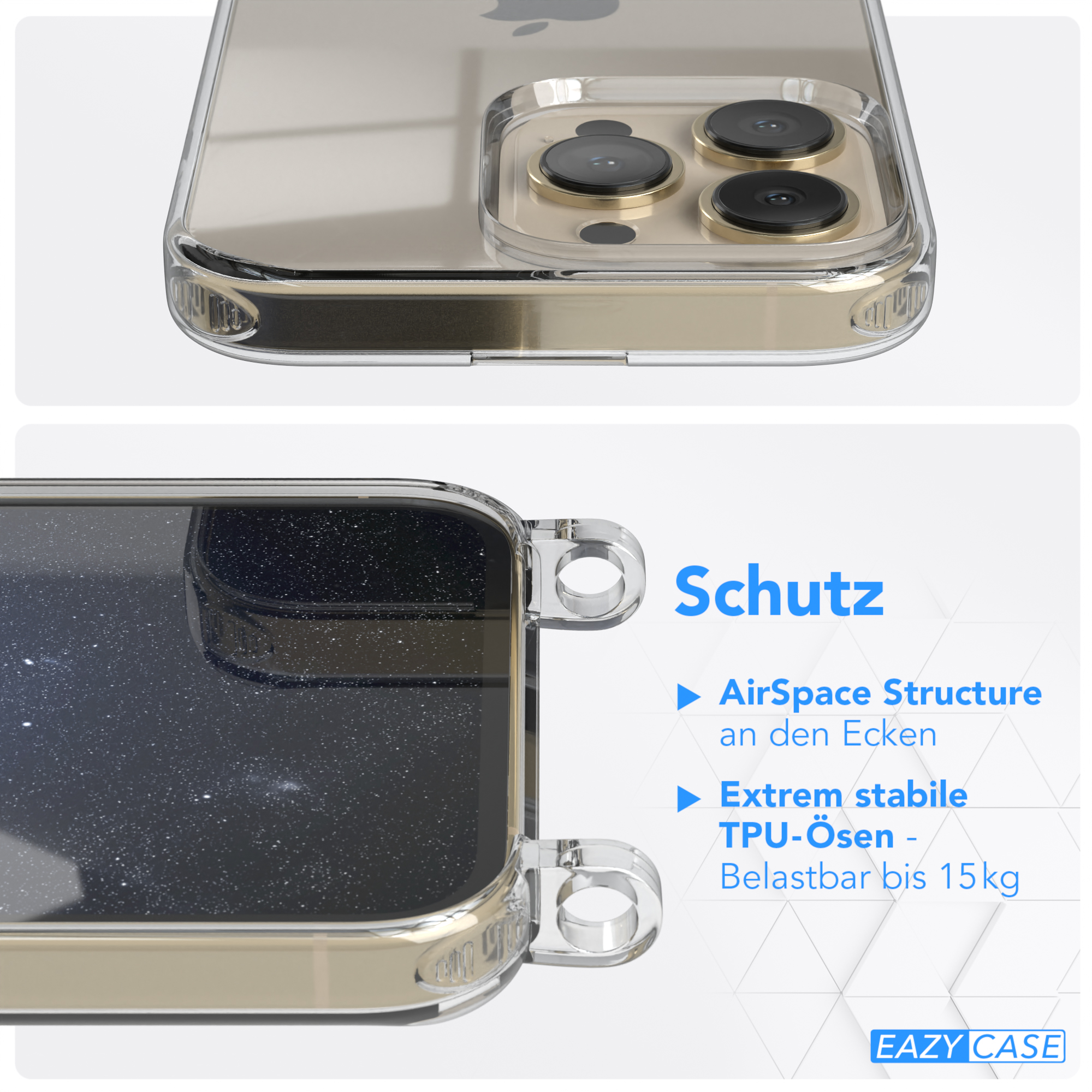 Nahaufnahme einer Handyhülle mit Schutzfunktionen. Airspace-Struktur und TPU-Ösen sind sichtbar.