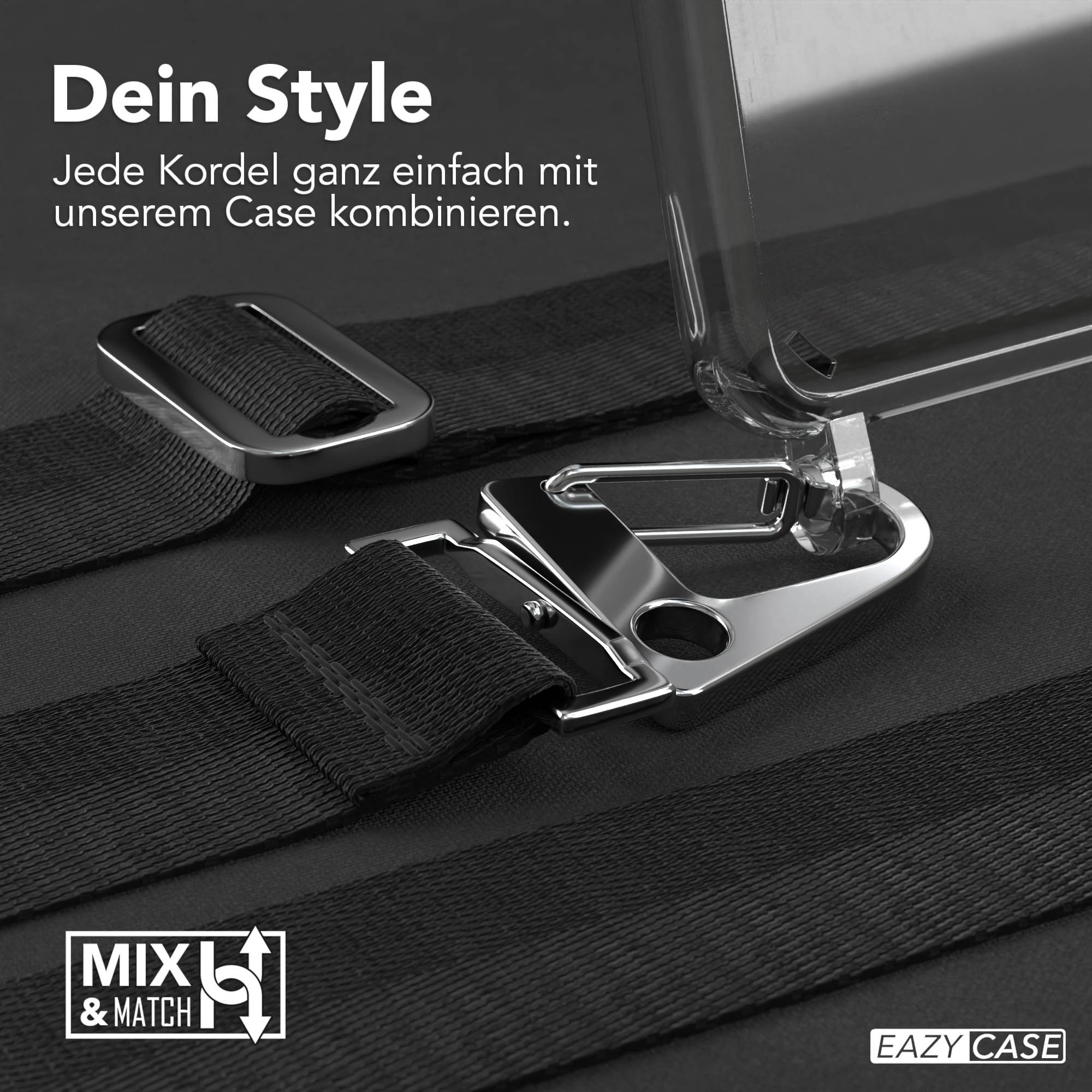 Eine Handyhülle mit einem Riemen und einem Metallclip, mit einem Logo.