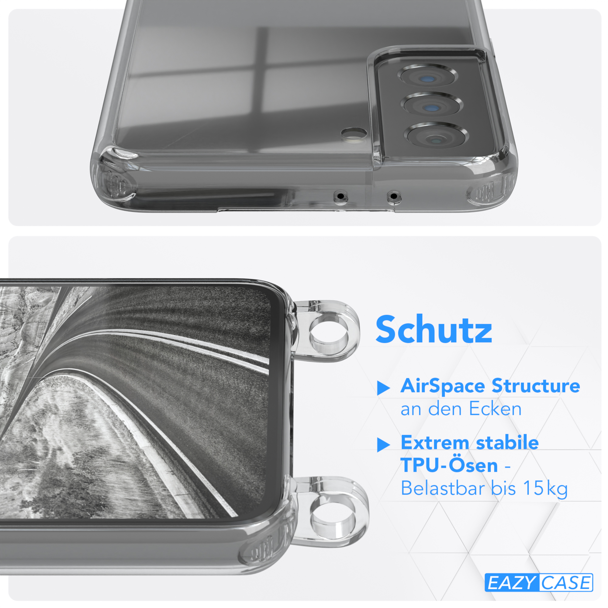 Transparente Handyhülle, Nahaufnahme. AirSpace Struktur an den Ecken. TPU-Ösen. Text: Schutz. Hülle ist silber.