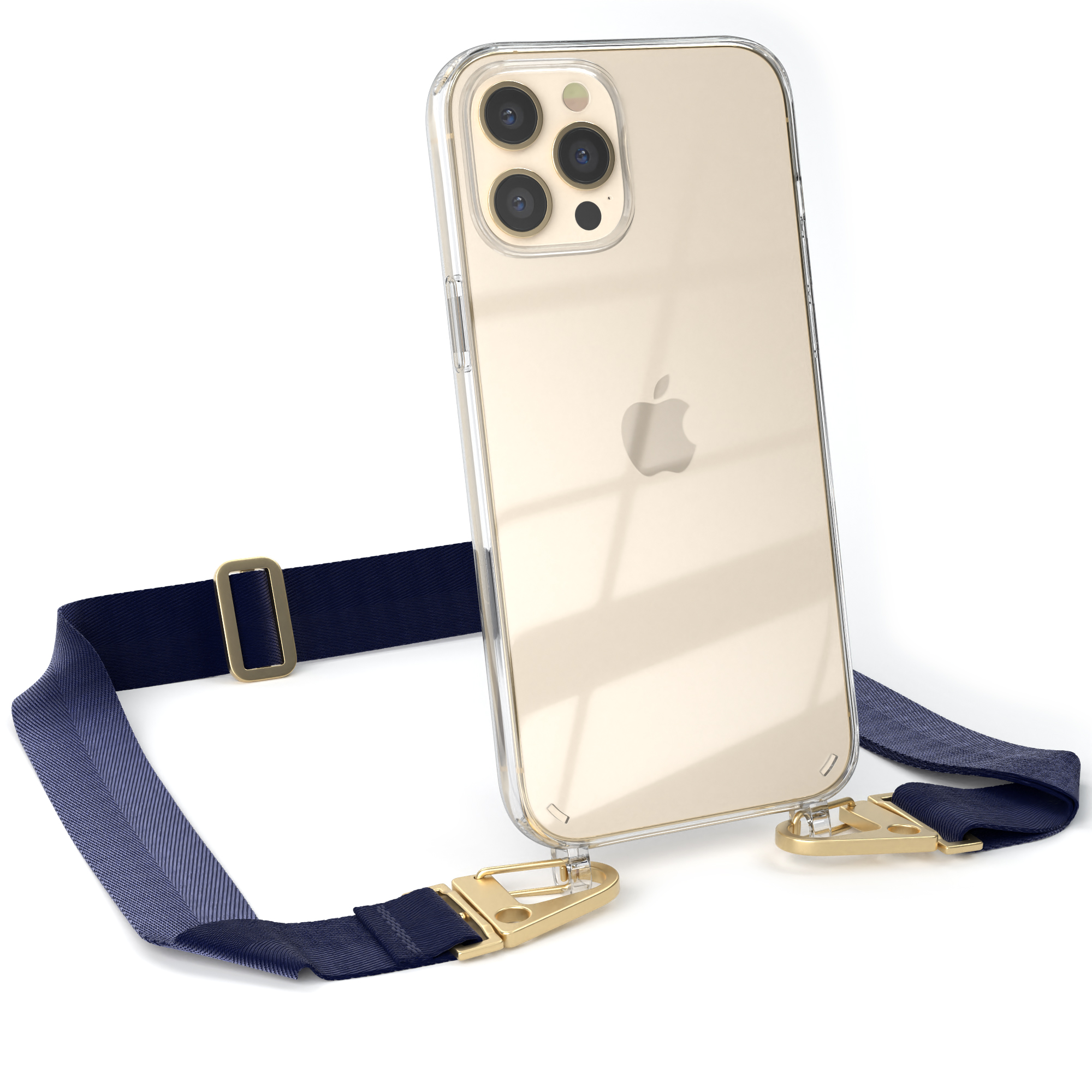 Goldenes Telefon mit blauem Riemen und goldenen Aufsätzen, abgewinkelt zum Betrachter auf Weiß.