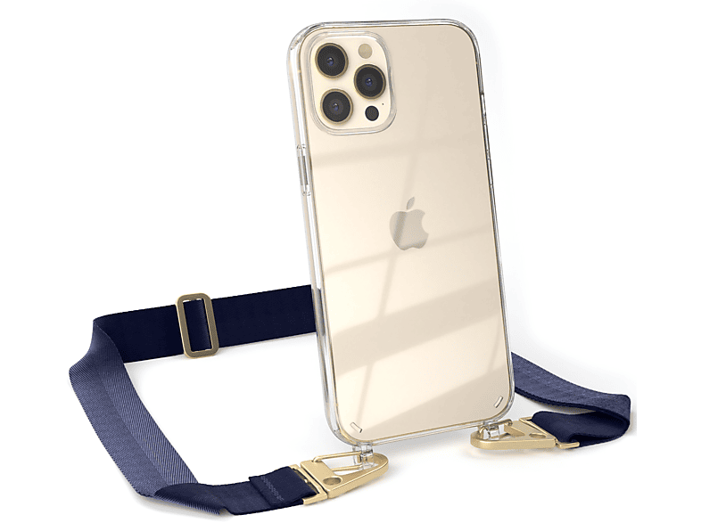 EAZY CASE Transparente Handyhülle mit breiter Kordel + Karabiner, Umhängetasche, Apple, iPhone 12 Pro Max, Dunkel Blau / Gold