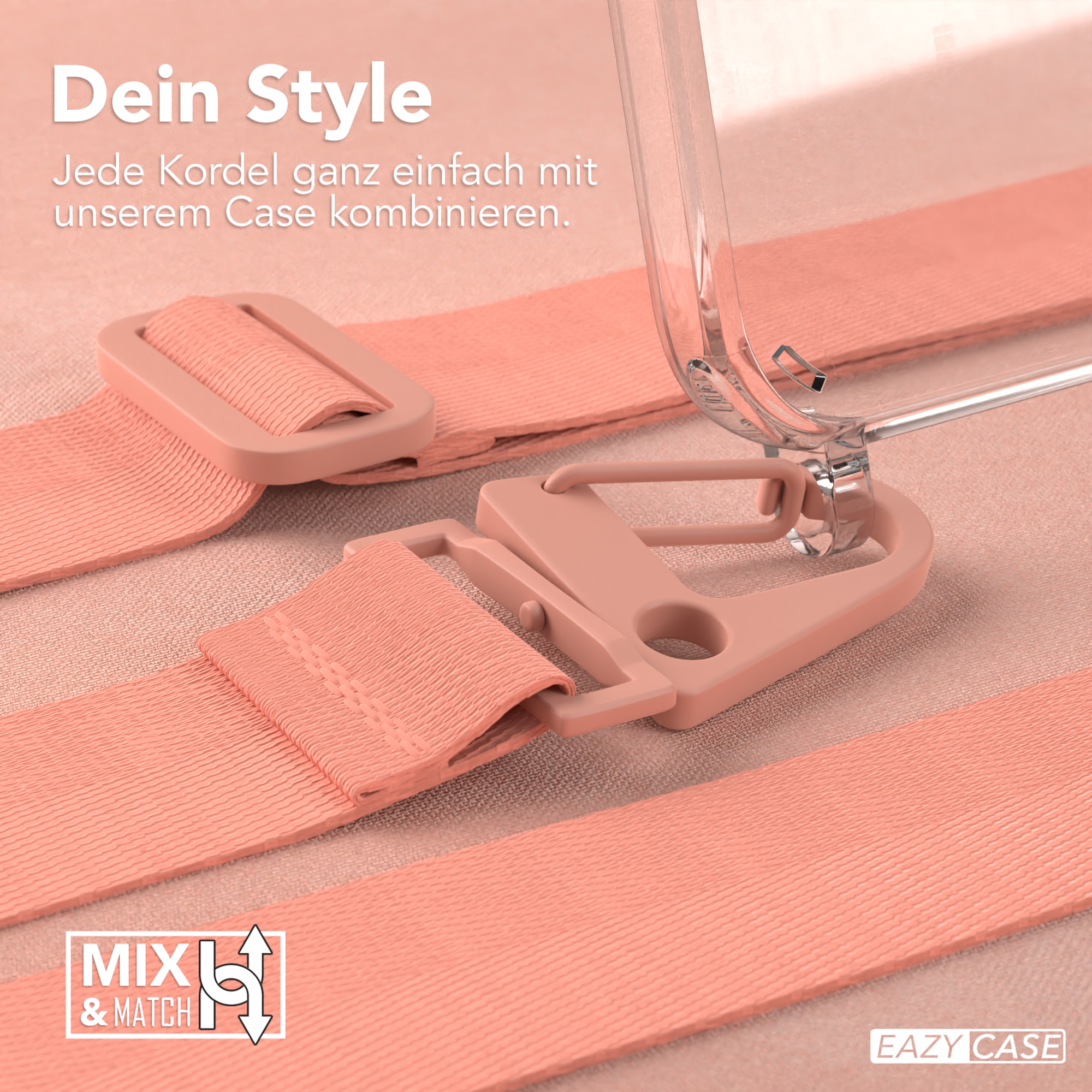 Handyhülle mit Riemen. Rosa Riemen und eine transparente Hülle mit Zubehör.