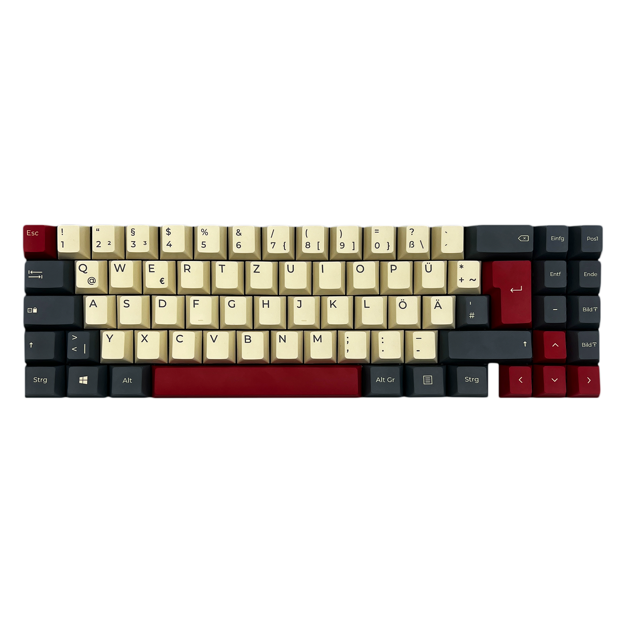 Mechanische Tastatur mit beigen Tasten und roten Akzenten. Weißer Hintergrund.