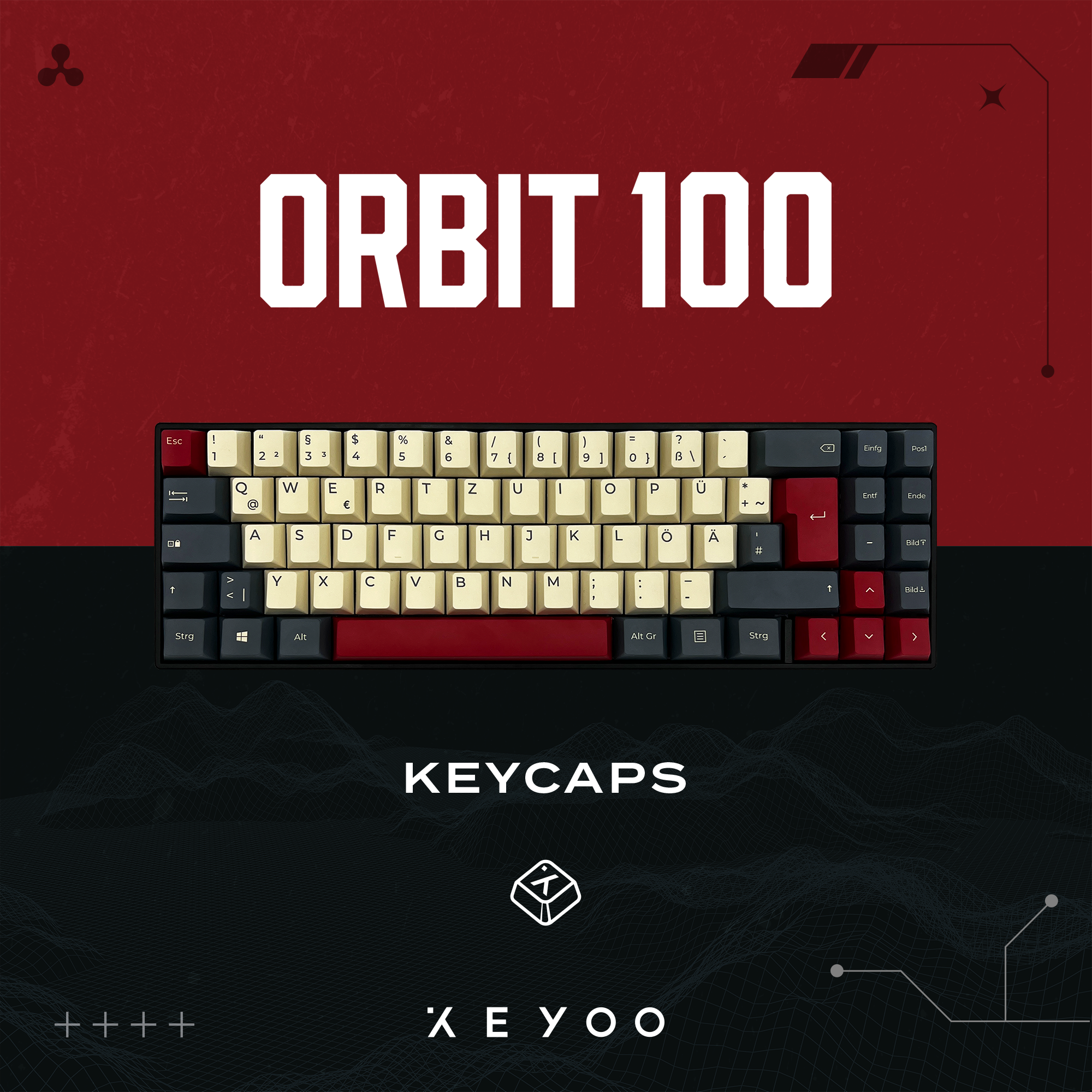Eine Tastatur mit roten und beigefarbenen Tastenkappen. Text lautet 'ORBIT 100' und 'KEYCAPS'. Hintergrund hat ein Rasterdesign.