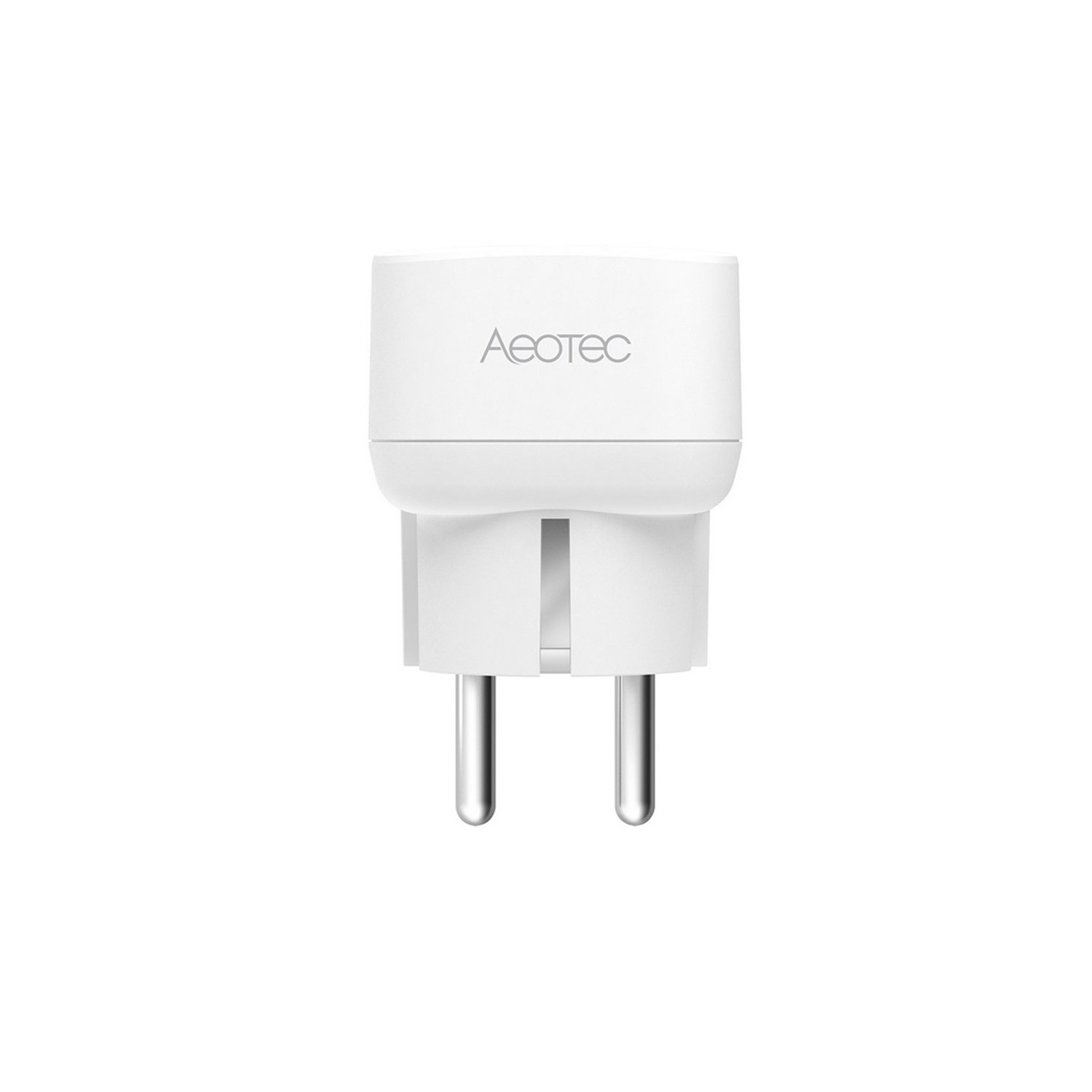 Ein weißer Aeotec Smart Plug mit zwei Stiften, isoliert auf weißem Hintergrund.