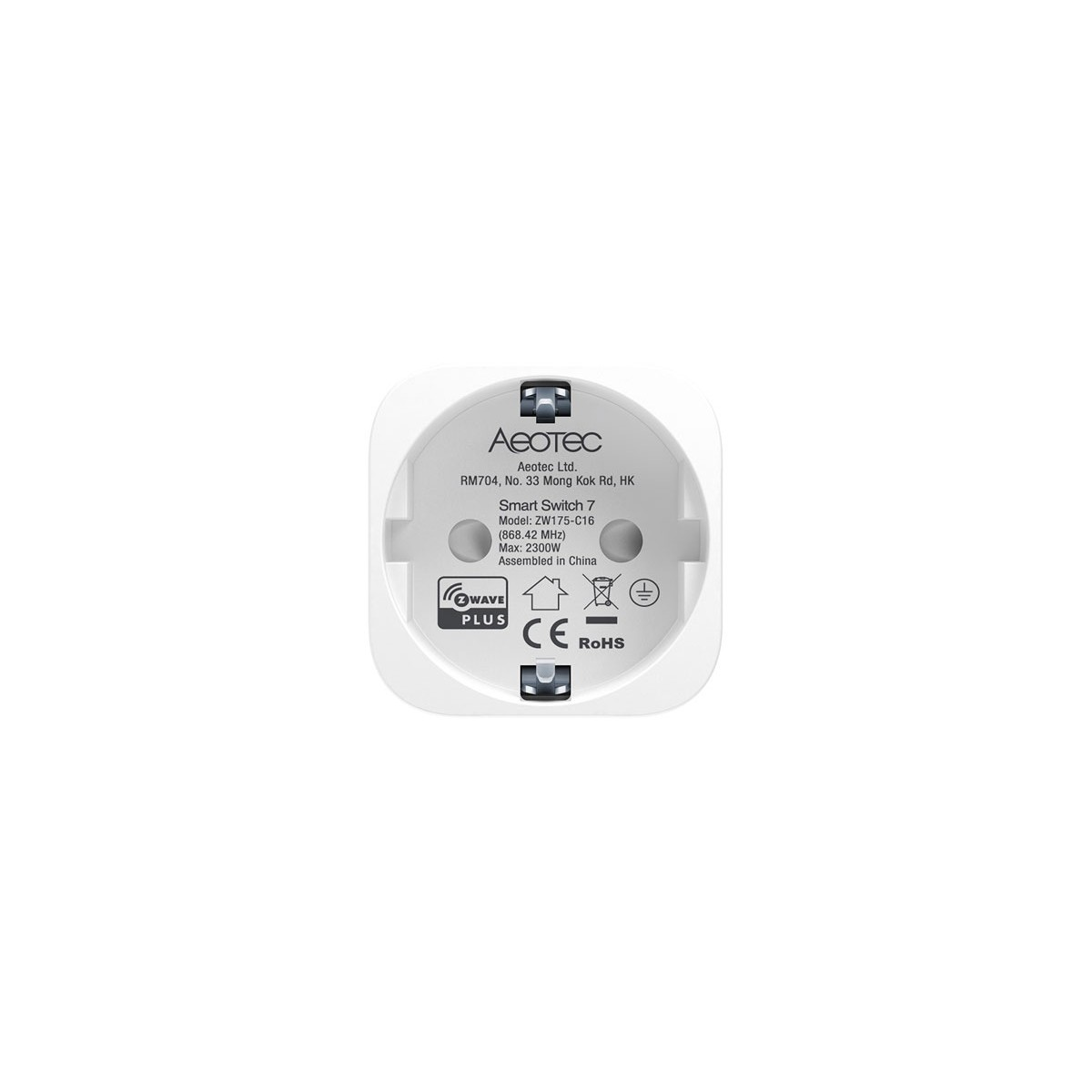 Weißer Smart Plug mit Aeotec-Logo und Produktinformationen, isoliert auf weißem Hintergrund.