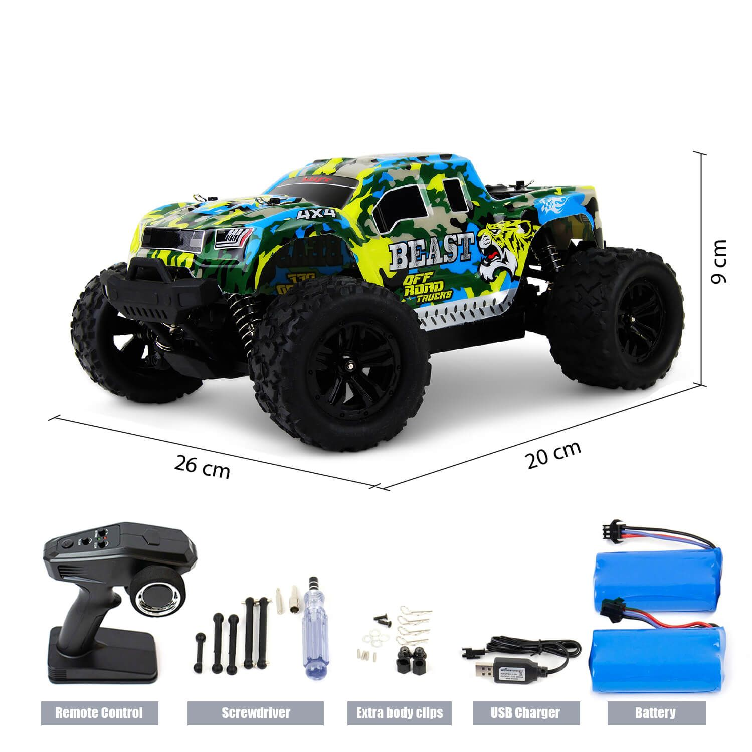 Ein grüner, blauer und gelber Geländewagen mit Zubehör. Er ist 26 cm lang und 9 cm hoch.