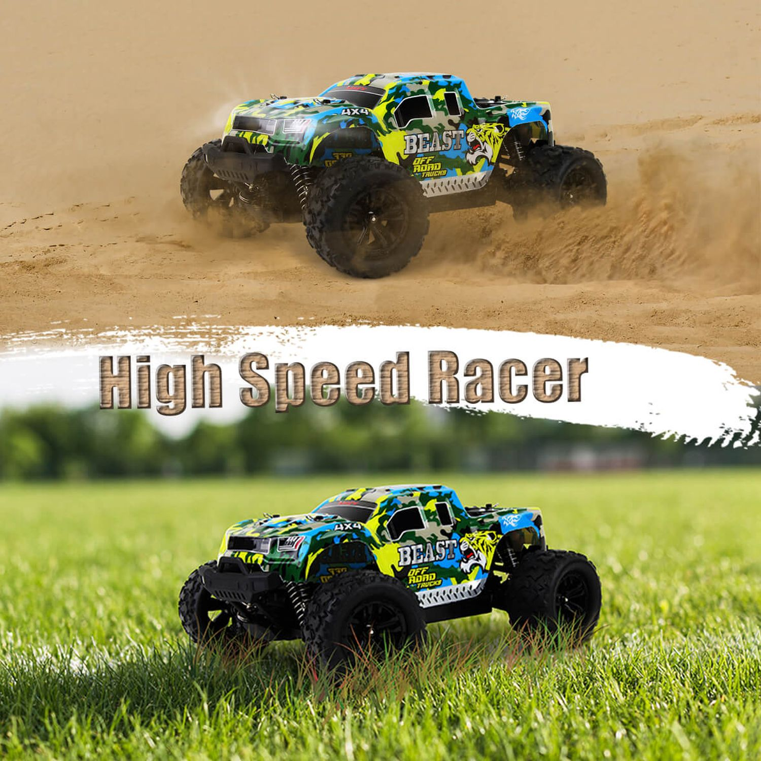 Zwei Monstertrucks rasen über Sand und Gras.