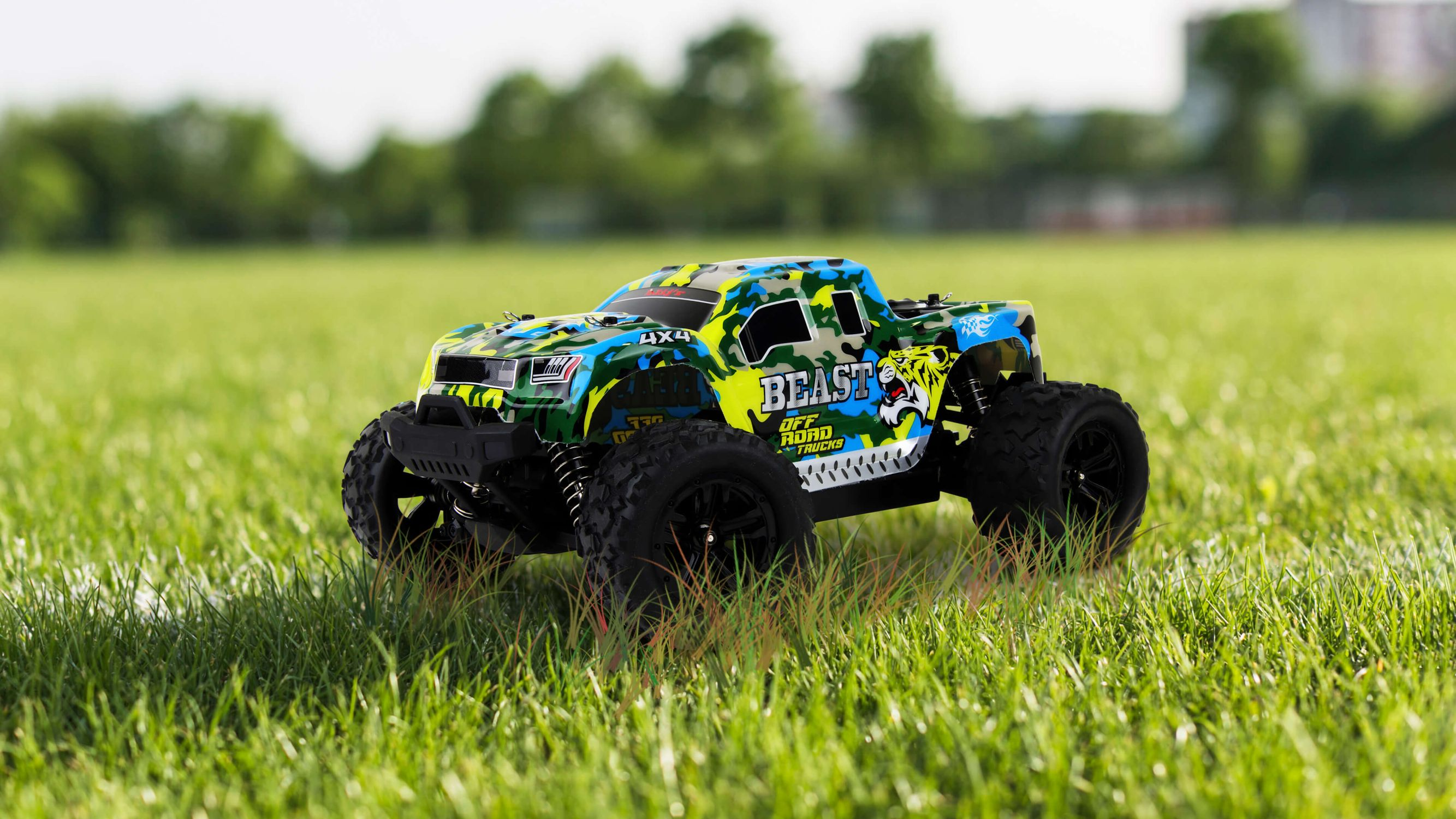 Grüner und blauer RC-Truck auf Gras. Text: Beast Off Road Trucks 4x4.
