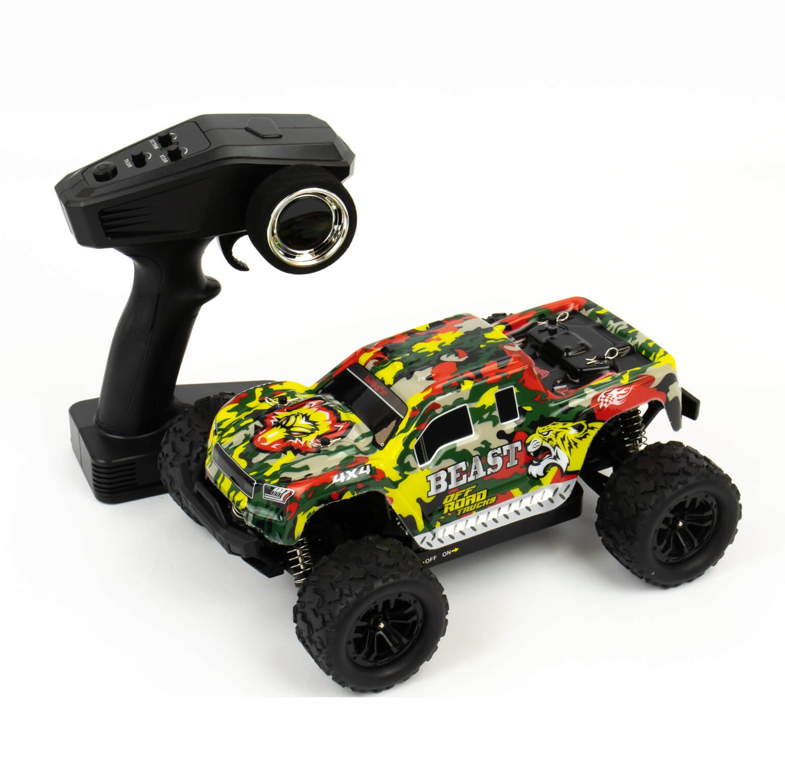 Tarnfarbenes RC-Truck und schwarze Fernbedienung. Der Truck hat ein BEAST OFF ROAD Logo.