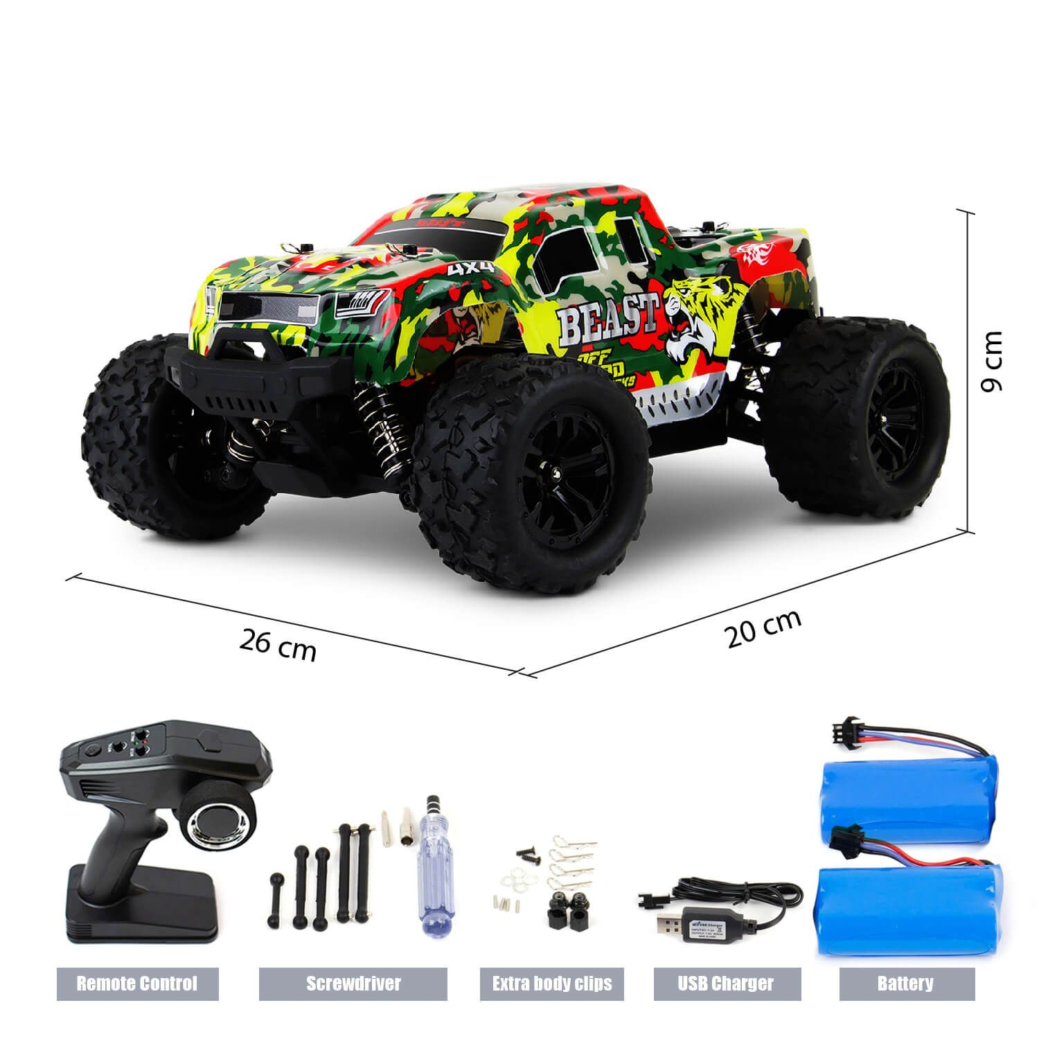 Spielzeug-Monstertruck mit Zubehör. Enthält Fernbedienung, Schraubendreher, zusätzliche Clips, USB-Ladegerät und Batterie.