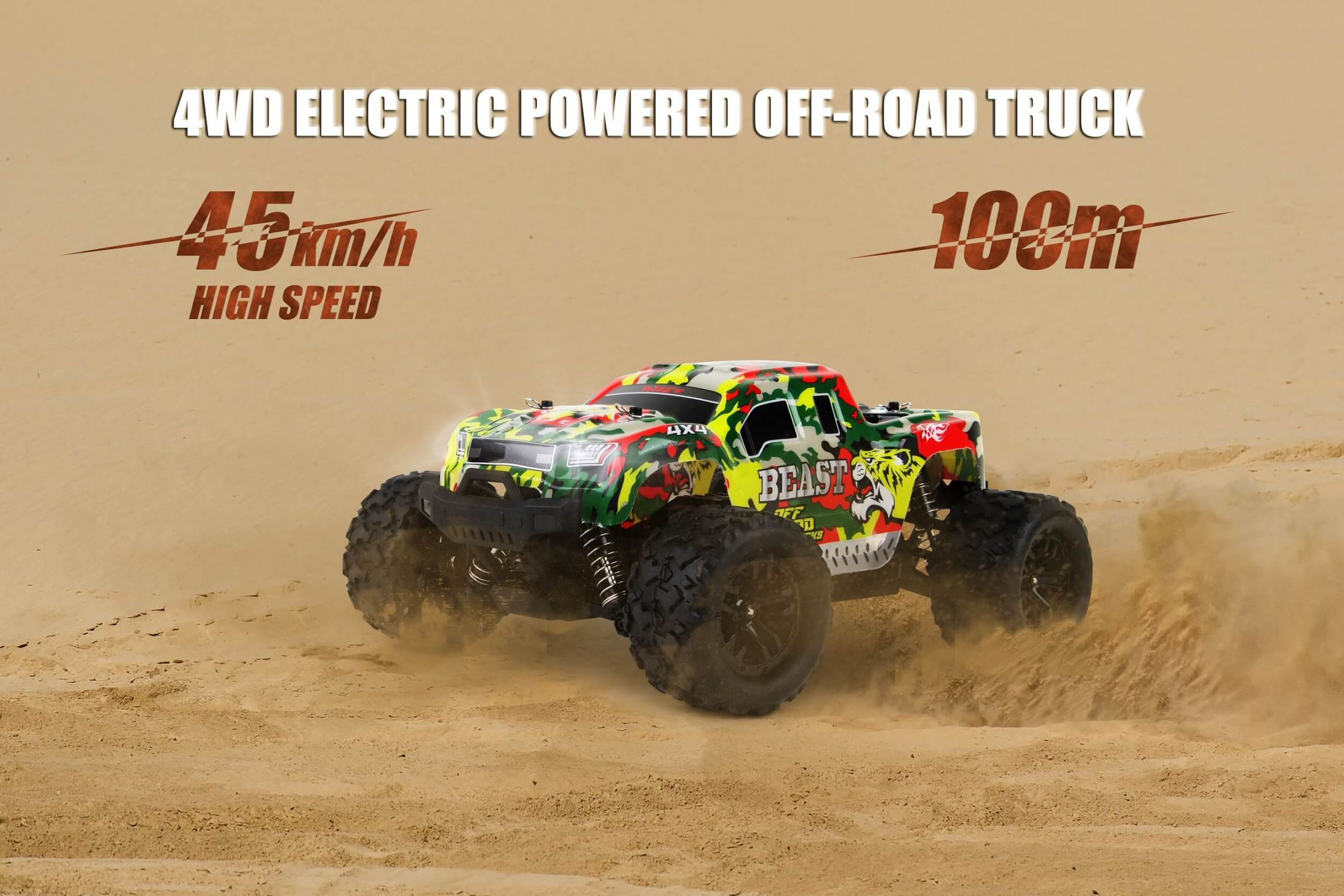 Ein Offroad-RC-Truck fährt auf Sand.