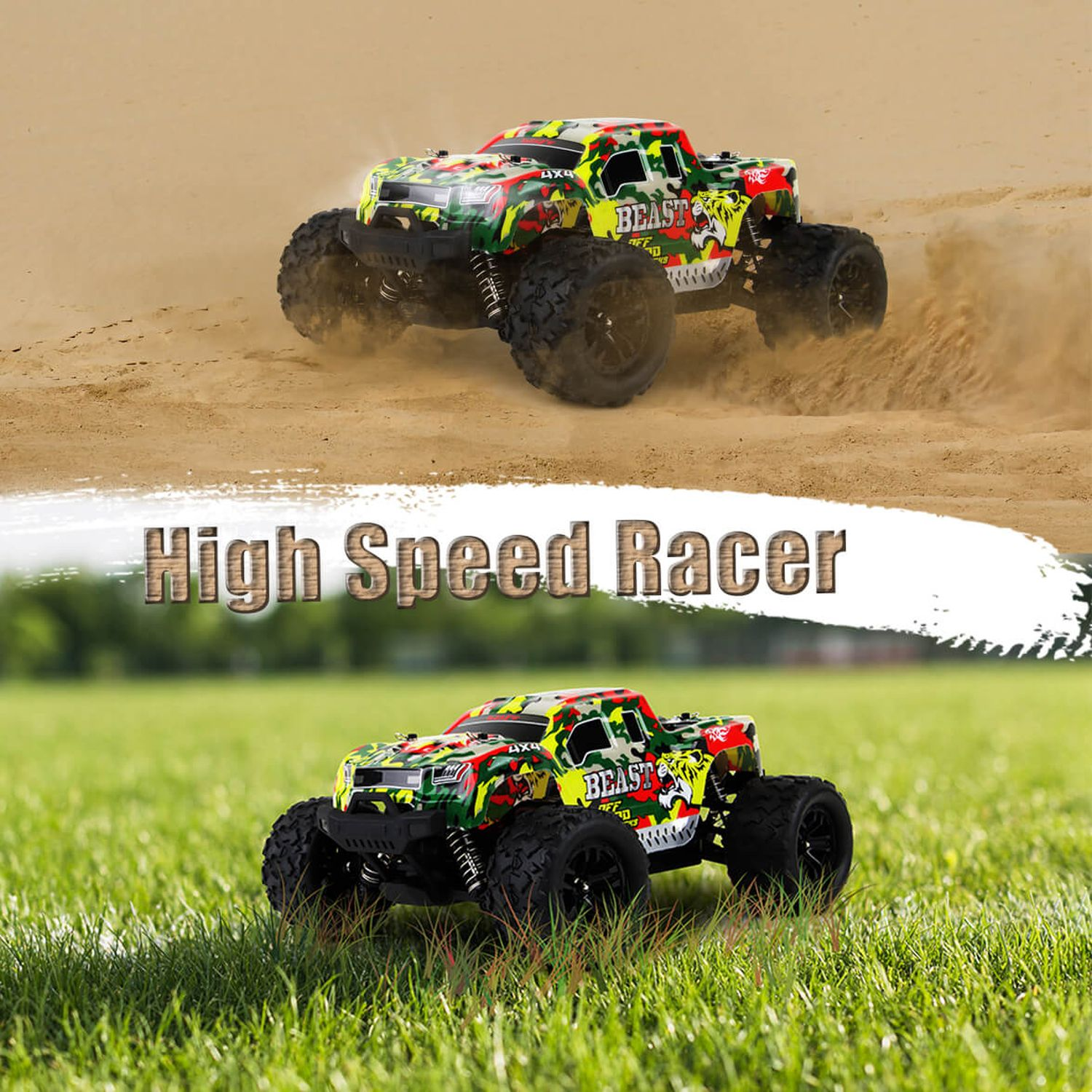 Zwei Monstertrucks, die auf Sand und Gras fahren, darunter die Worte "High Speed Racer".