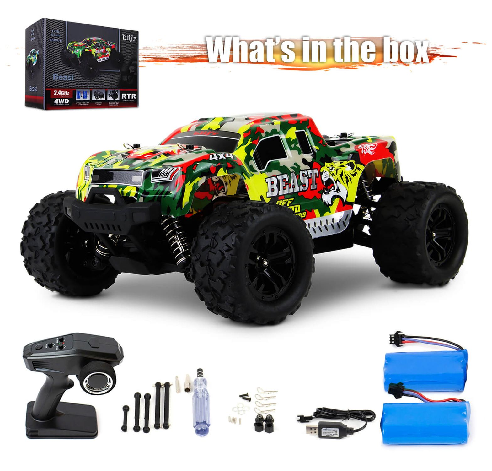 RC-Truck mit Zubehör. Text: Was ist in der Box. Enthält Fernbedienung, Batterien und Ladegerät.