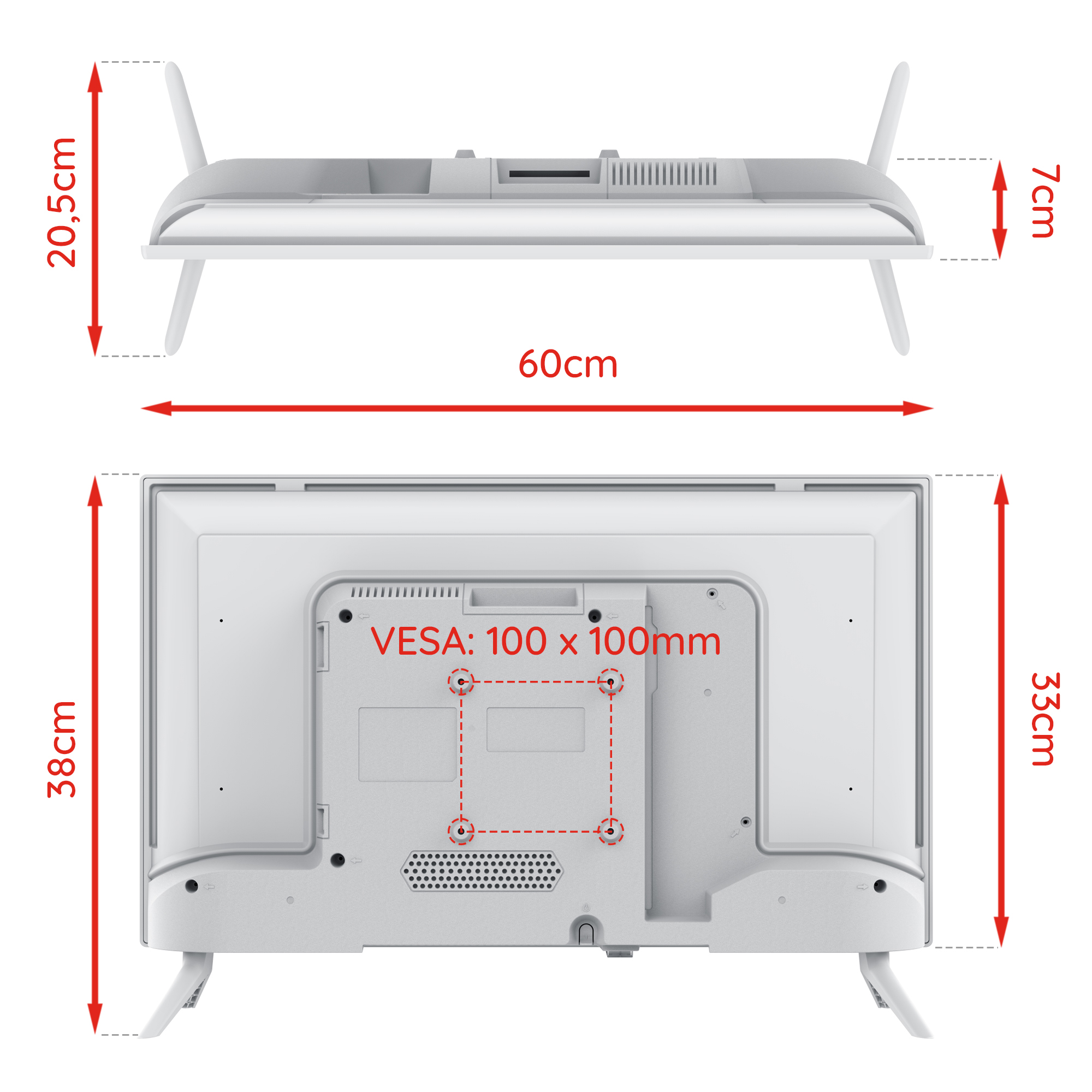 Televisor blanco con patas, dimensiones etiquetadas. El TV muestra dimensiones 38x60x20.5 cm.