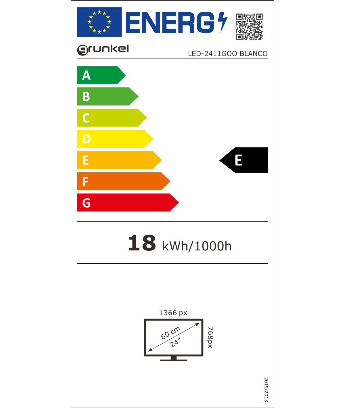 Etiqueta energética para un televisor. Muestra una calificación E. El televisor tiene 24 pulgadas y 60 cm de ancho.