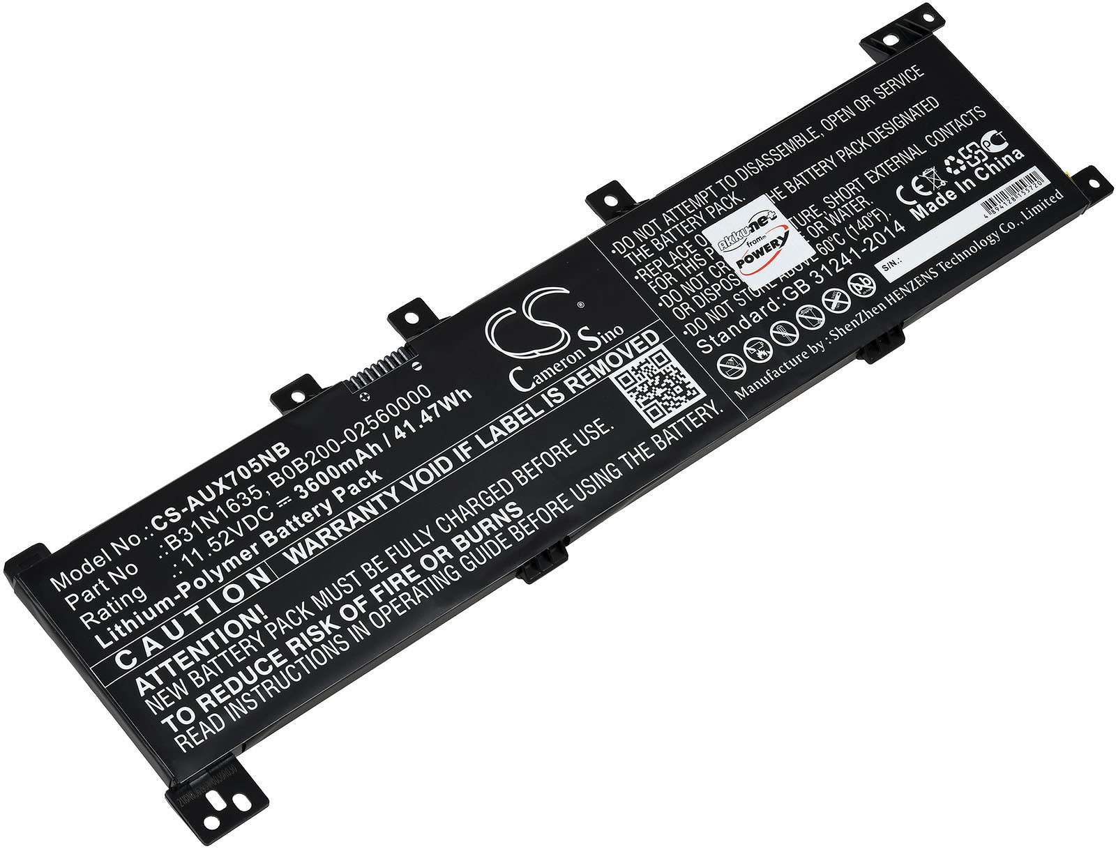Schwarzer Laptop-Akku mit weißem Text. Es hat ein schwarz-weißes Warnschild.