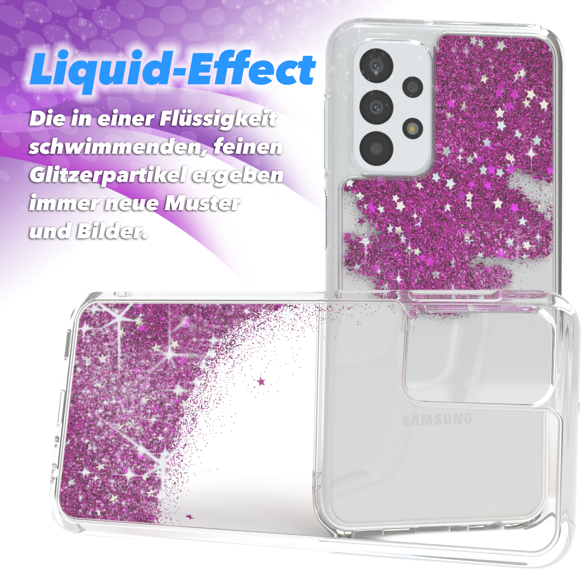 Eine transparente Handyhülle mit pinkfarbenem Glitzer und ein Telefon. Die Hülle hat rosa Sterne. Das Telefon ist weiß.