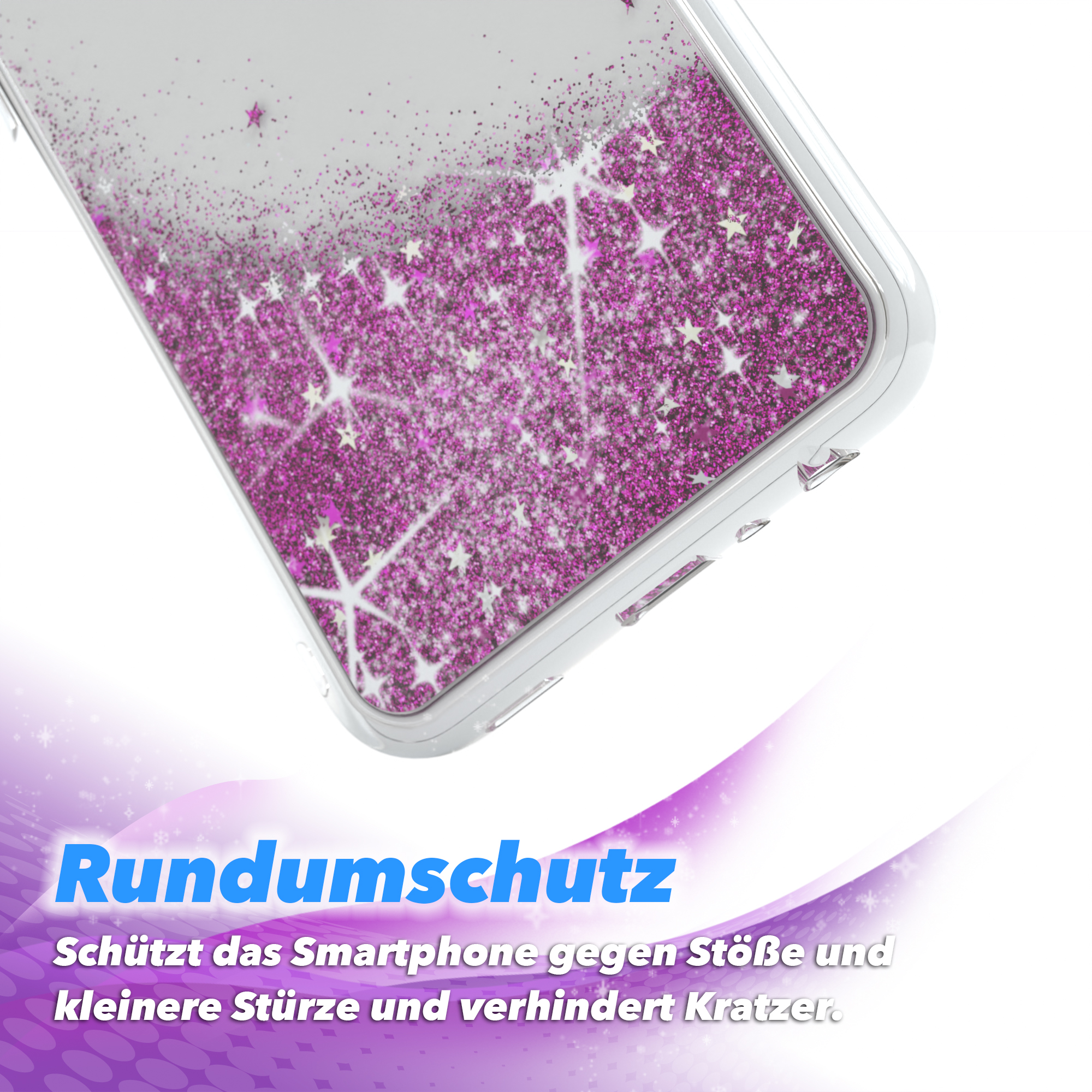 Eine Handyhülle mit Glitzer und Sternen. Eine transparente Hülle mit Text am Boden.