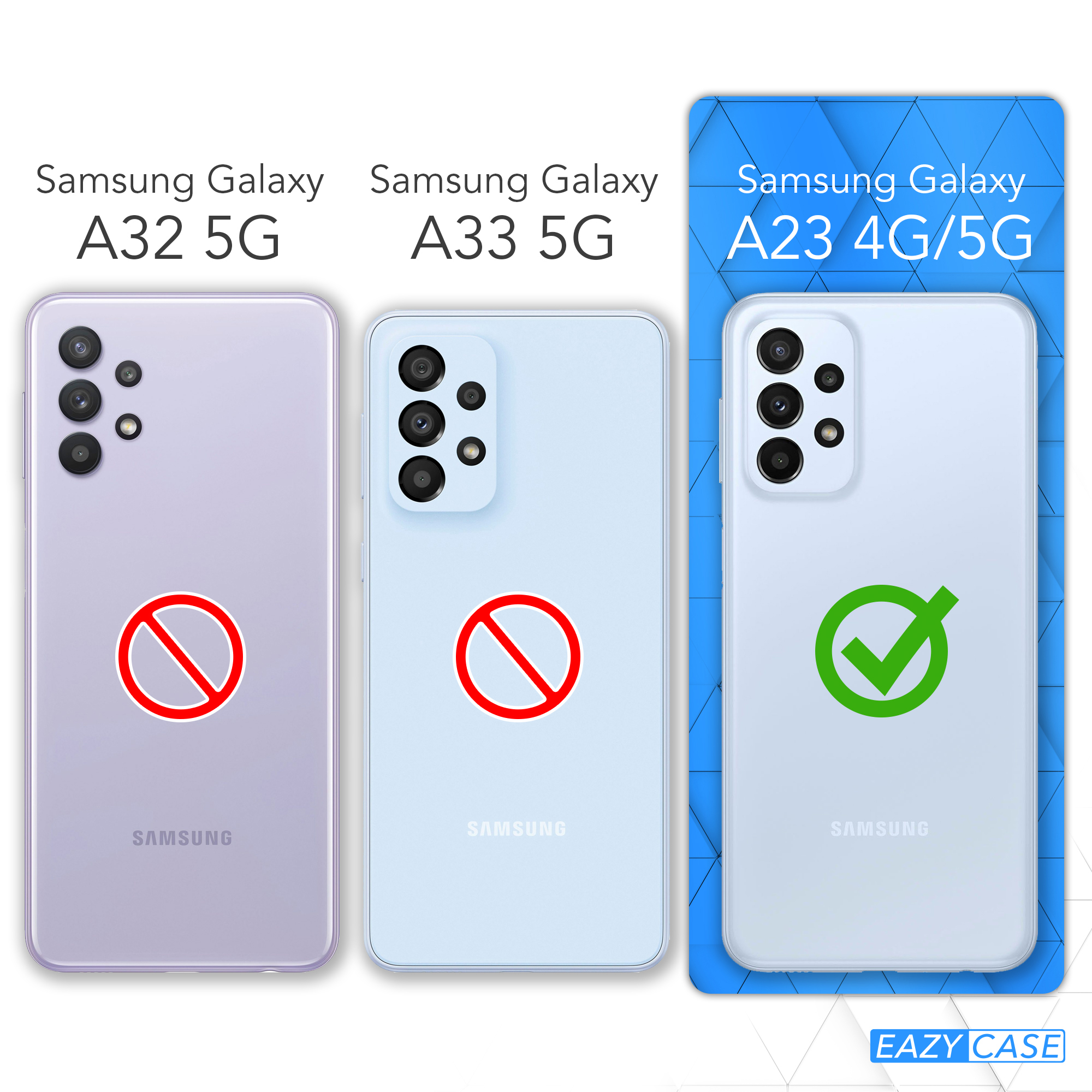 Drei Telefone. Samsung A32 5G und A33 5G haben rote Kreuze. A23 4G/5G hat ein grünes Häkchen.