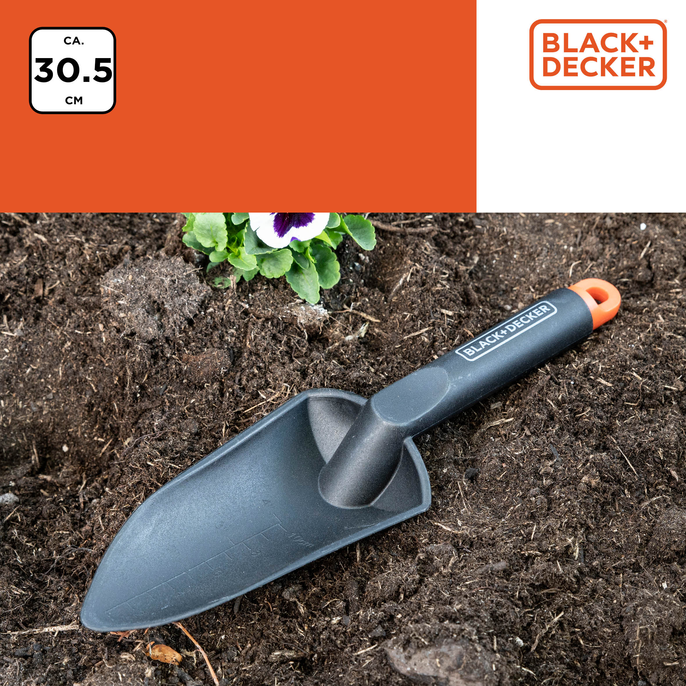 Black trowel on soil with a flower. Black+Decker logo in the top right. Orange background with text on the top left.