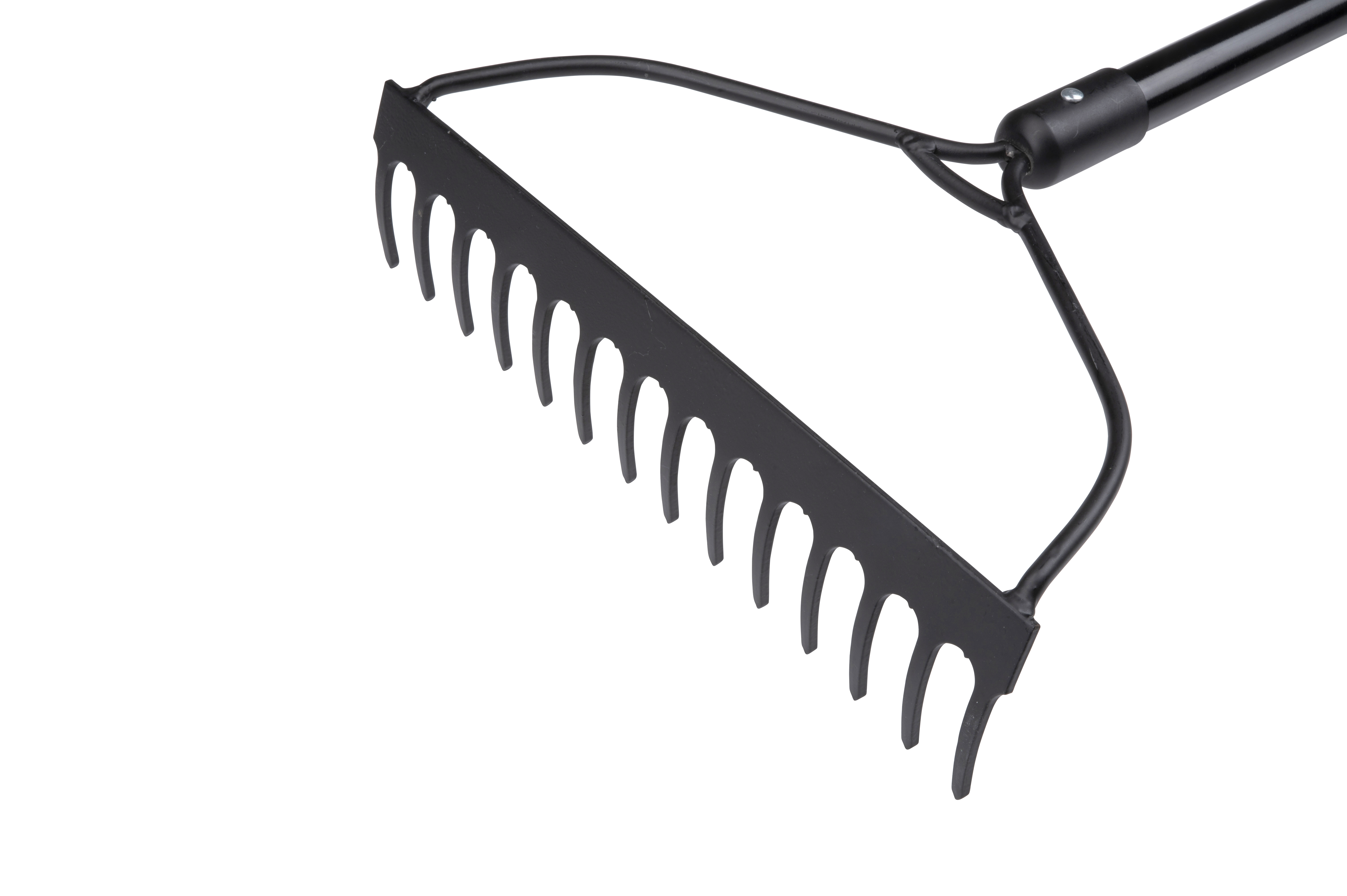 Black garden rake with curved tines, on a white background. The handle is black.