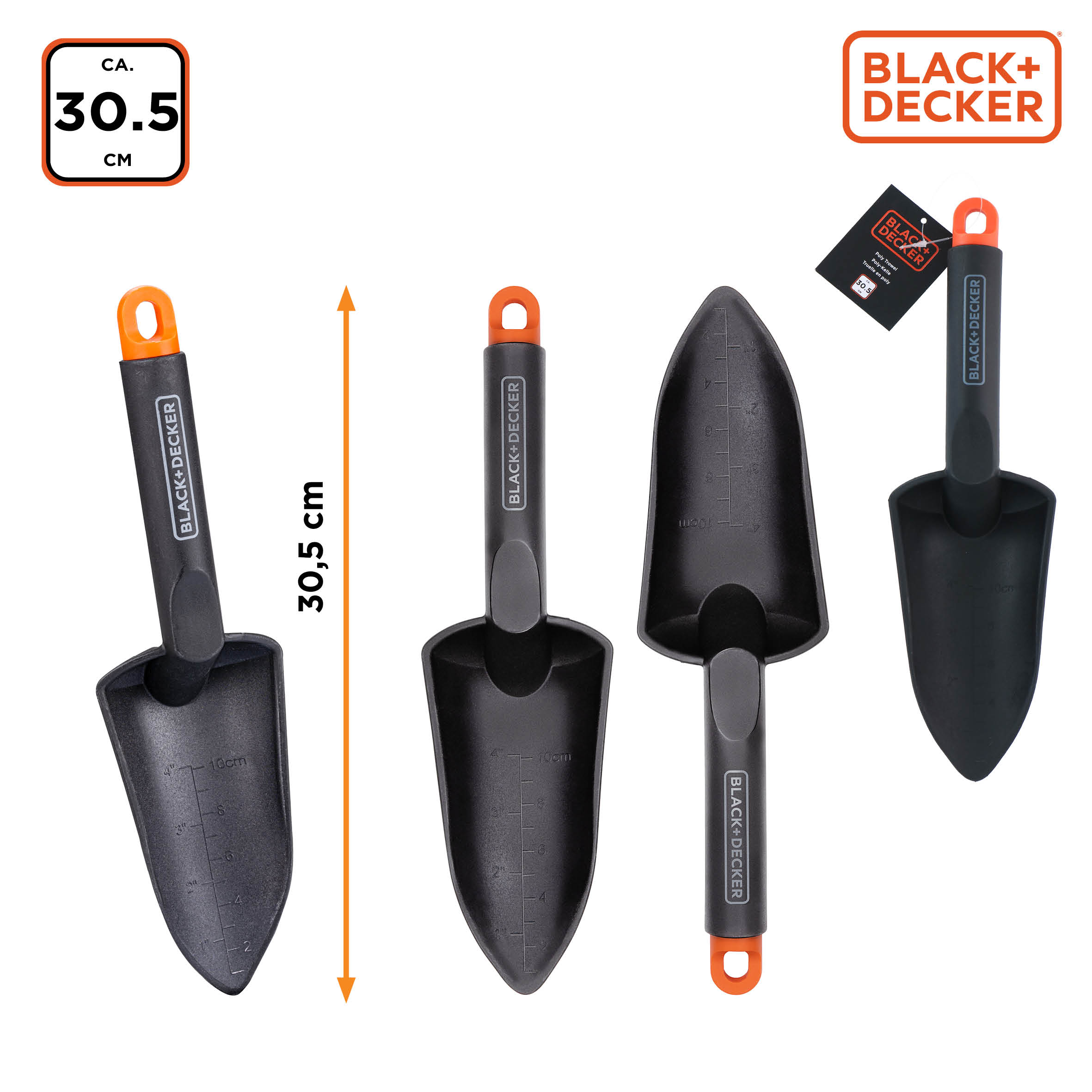 Three black and orange gardening tools. The tools are shovels. A ruler shows 30.5 cm. White background.