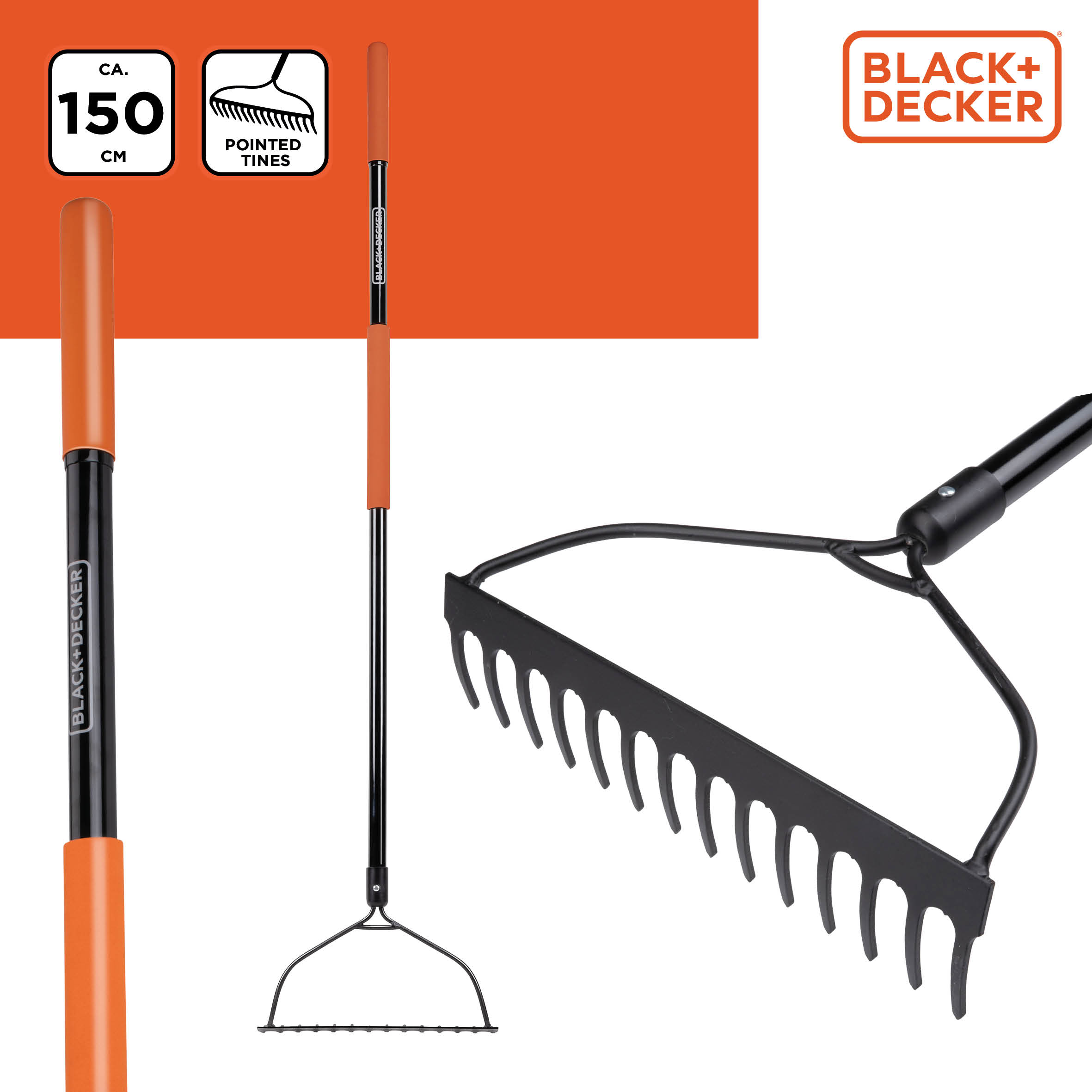 Black and orange BLACK+DECKER rake. The rake is 150cm tall, with pointed tines.