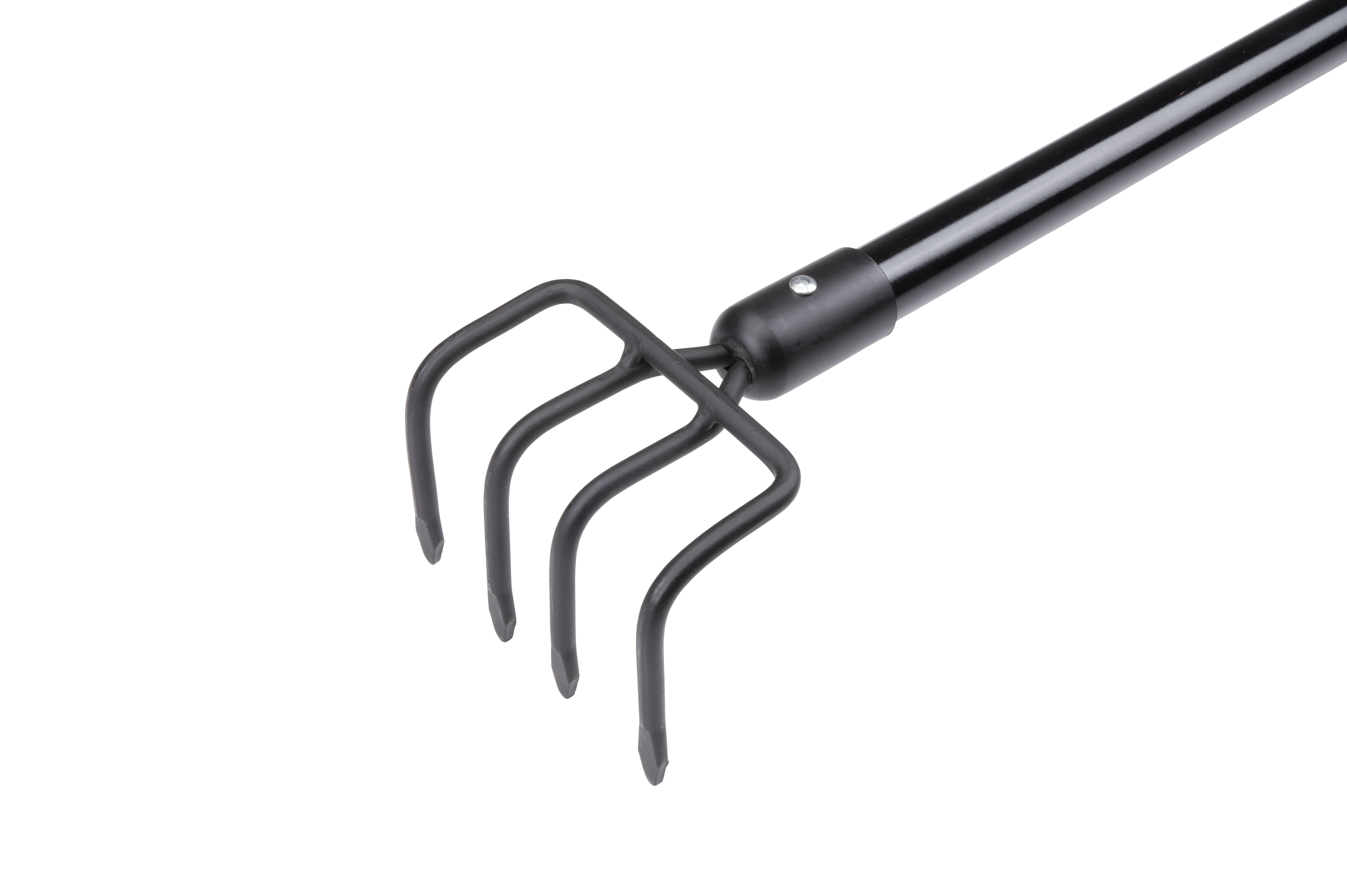 Black garden fork with four tines. White background.