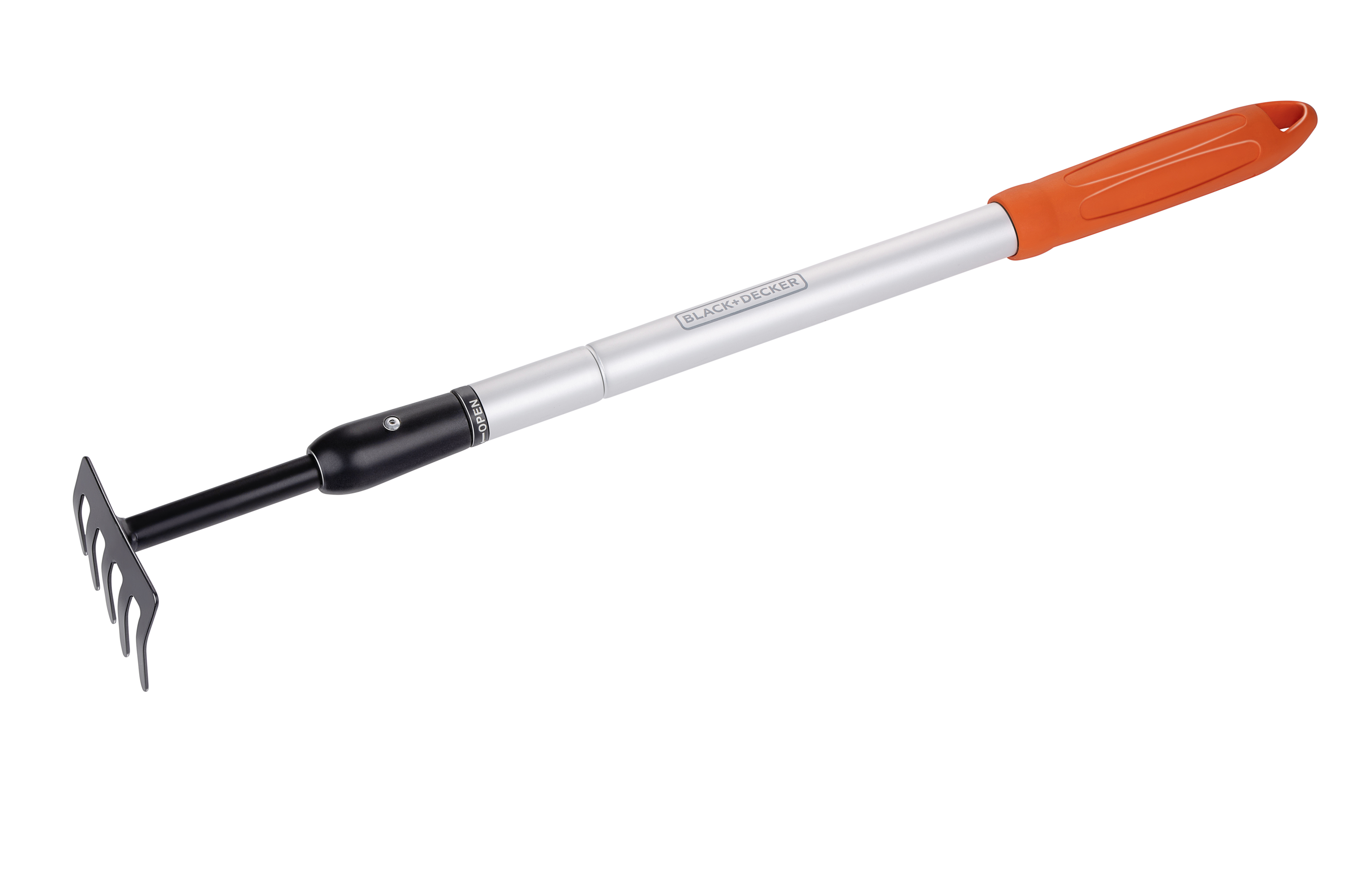 Black and Decker garden rake. The rake is silver and has orange handle.